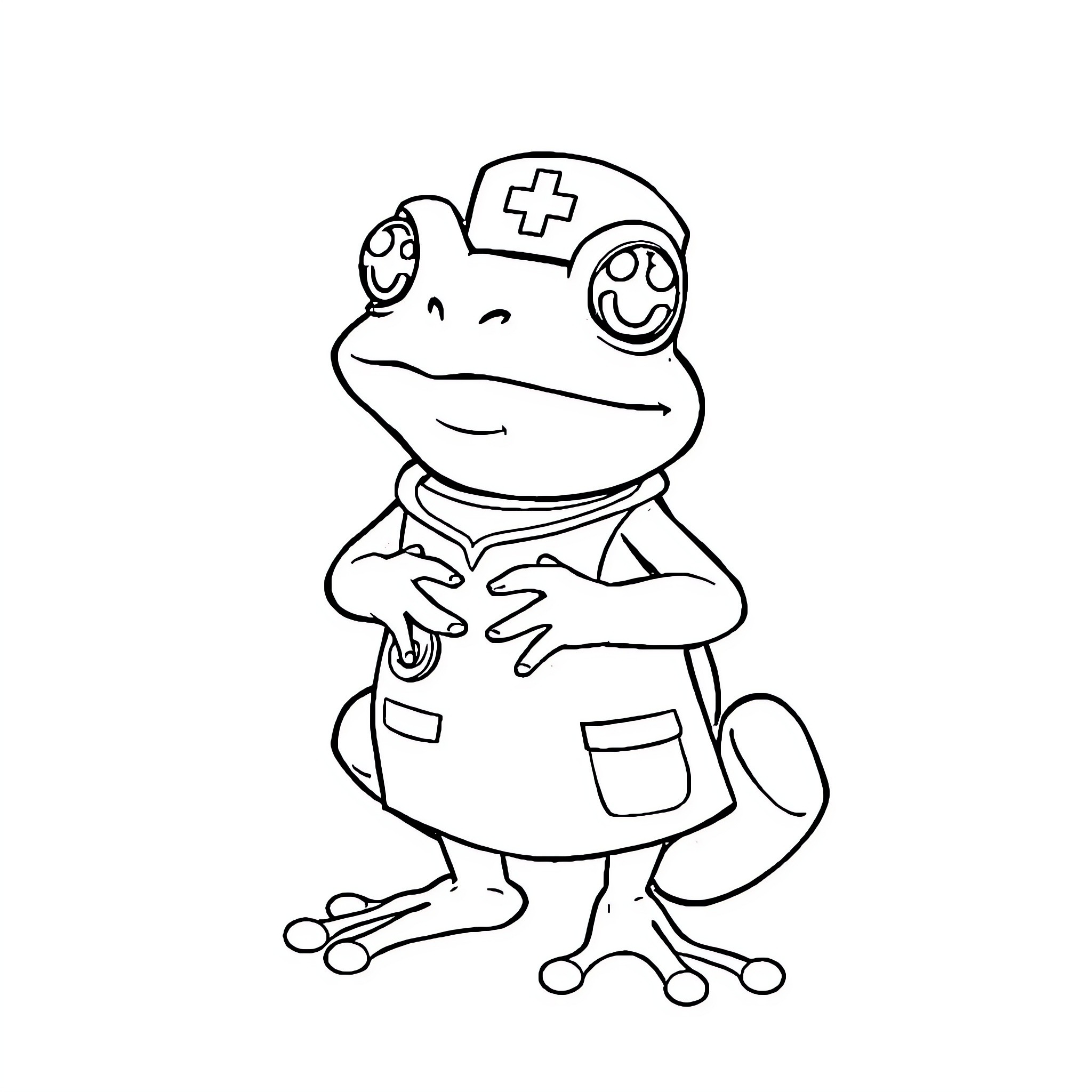 Frog nurse caring for patients Coloring Page (free black-and-white line drawing printable PDF for all, from beginners to advanced learners, including children, teens, adults, and seniors)