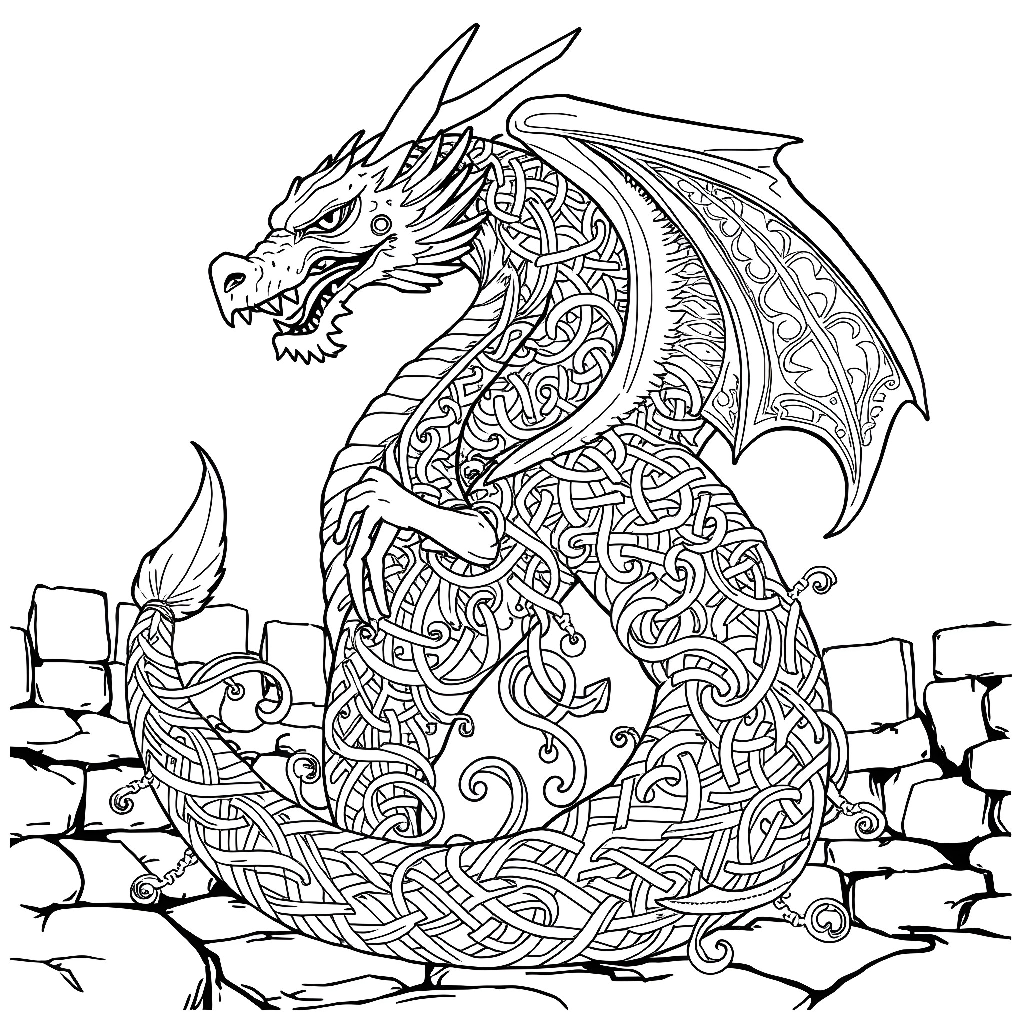 Dragon Ascending from Ruins Coloring Page (free black-and-white line drawing printable PDF for all, from beginners to advanced learners, including children, teens, adults, and seniors)