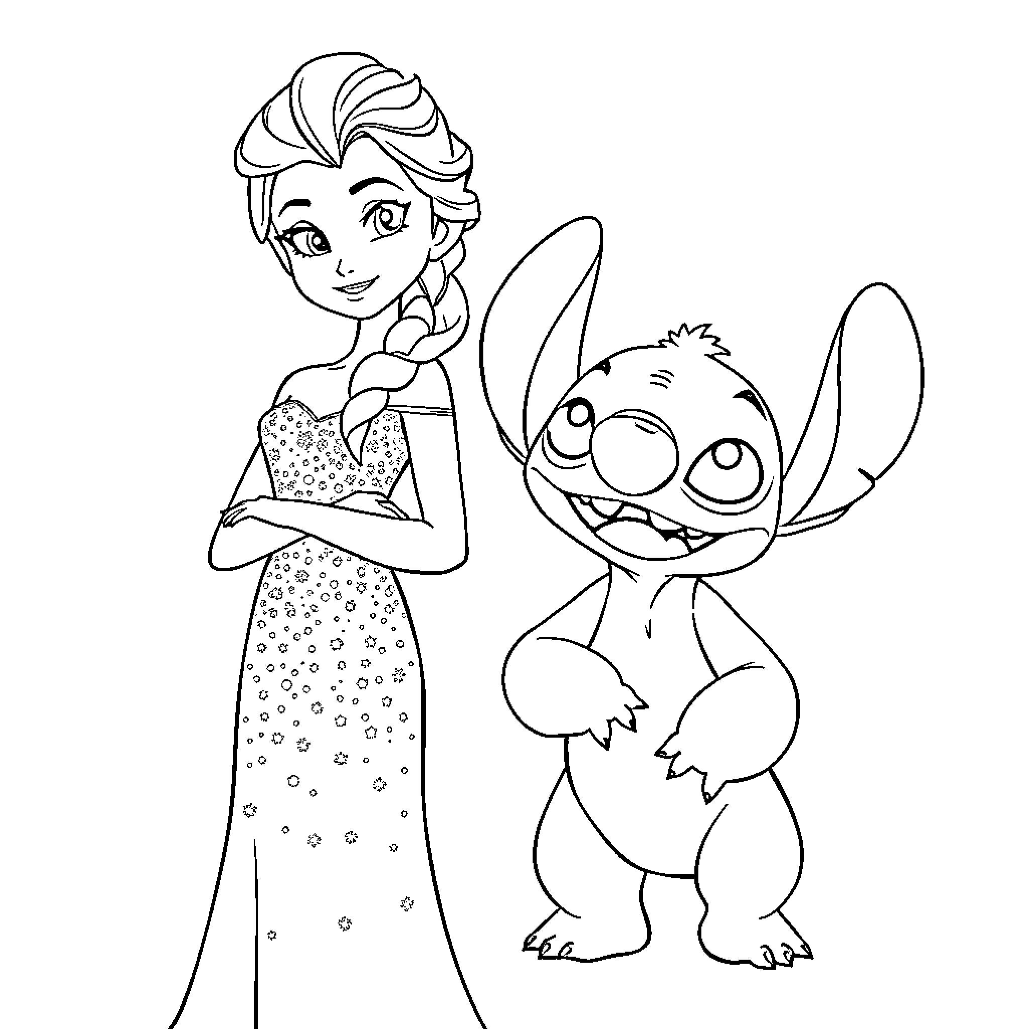 Elsa and Stitch Cartoon Illustration Coloring Page (free black-and-white line drawing printable PDF for all, from beginners to advanced learners, including children, teens, adults, and seniors)