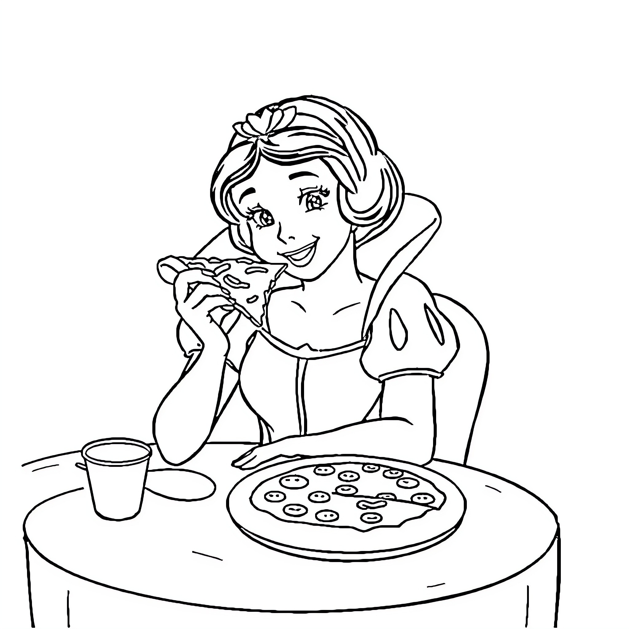 Snow White baking cookies with a warm smile Coloring Page (free black-and-white line drawing printable PDF for all, from beginners to advanced learners, including children, teens, adults, and seniors)