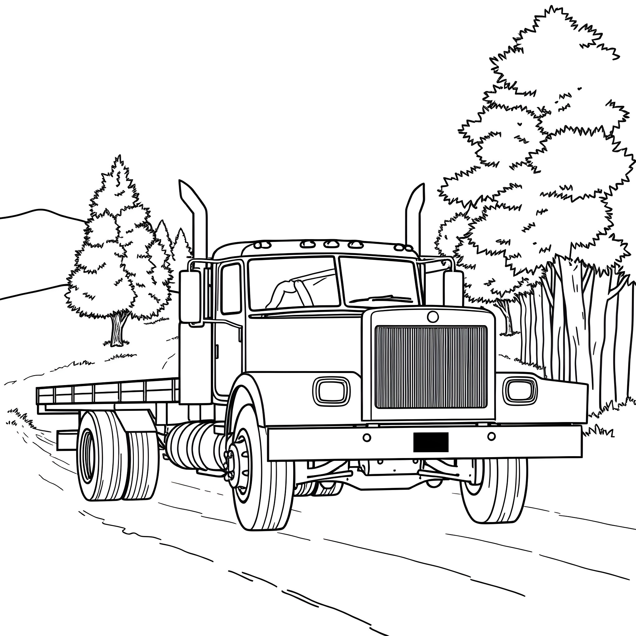 Truck transporting goods on a rural road Coloring Page (free black-and-white line drawing printable PDF for all, from beginners to advanced learners, including children, teens, adults, and seniors)