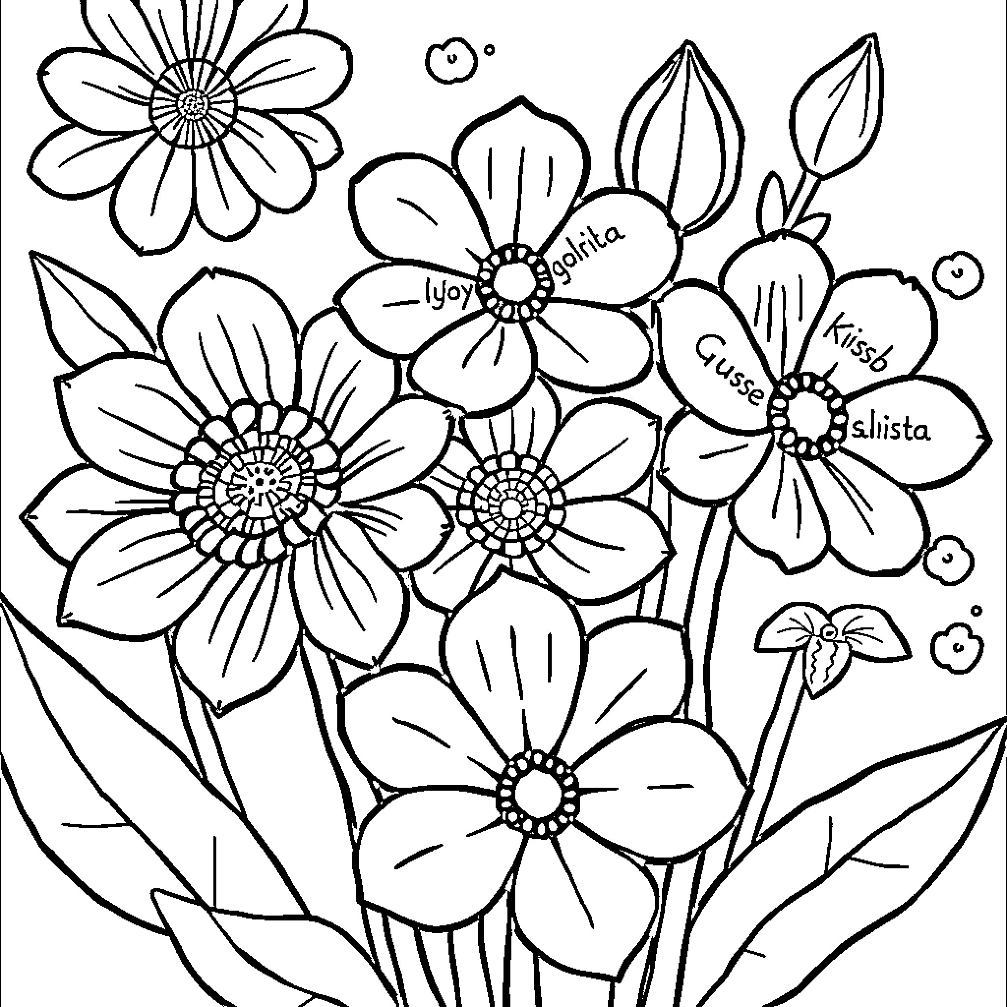 Flower Outline Bouquet with Names Coloring Page (free black-and-white line drawing printable PDF for all, from beginners to advanced learners, including children, teens, adults, and seniors)