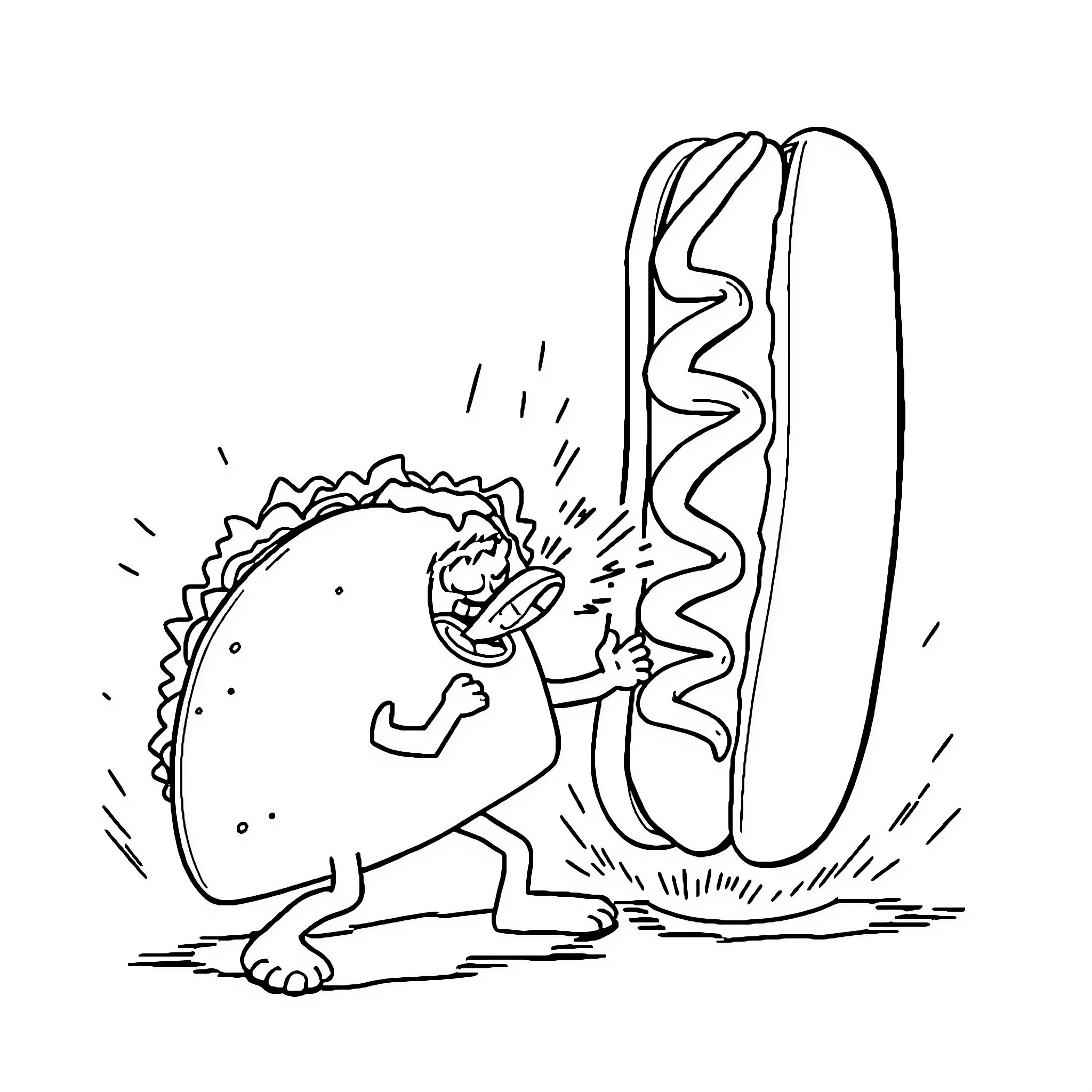 Taco-Loving Dinosaur Enjoying a Tasty Treat Coloring Page (free black-and-white line drawing printable PDF for all, from beginners to advanced learners, including children, teens, adults, and seniors)