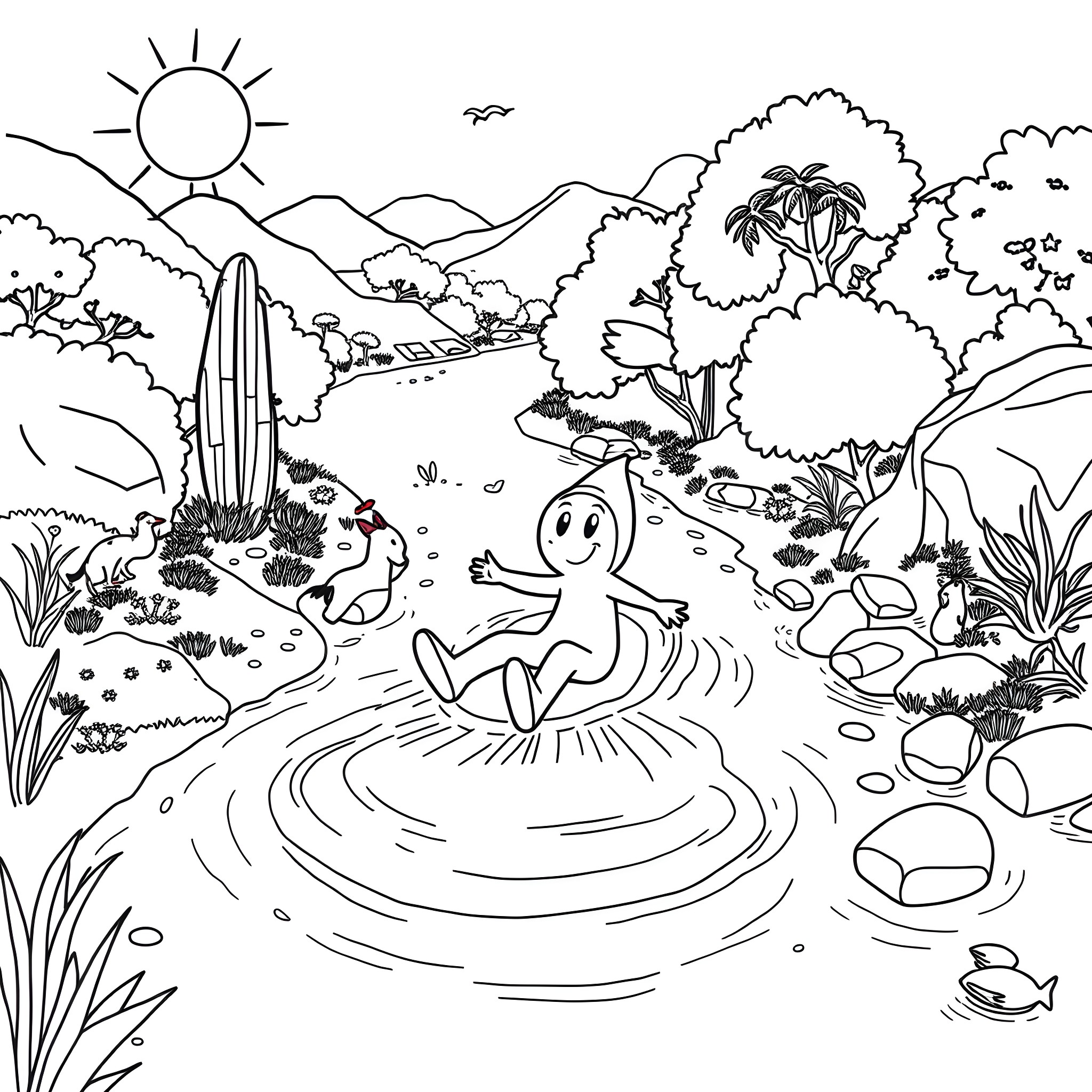 Gumby splashing happily in a desert stream Coloring Page (free black-and-white line drawing printable PDF for all, from beginners to advanced learners, including children, teens, adults, and seniors)