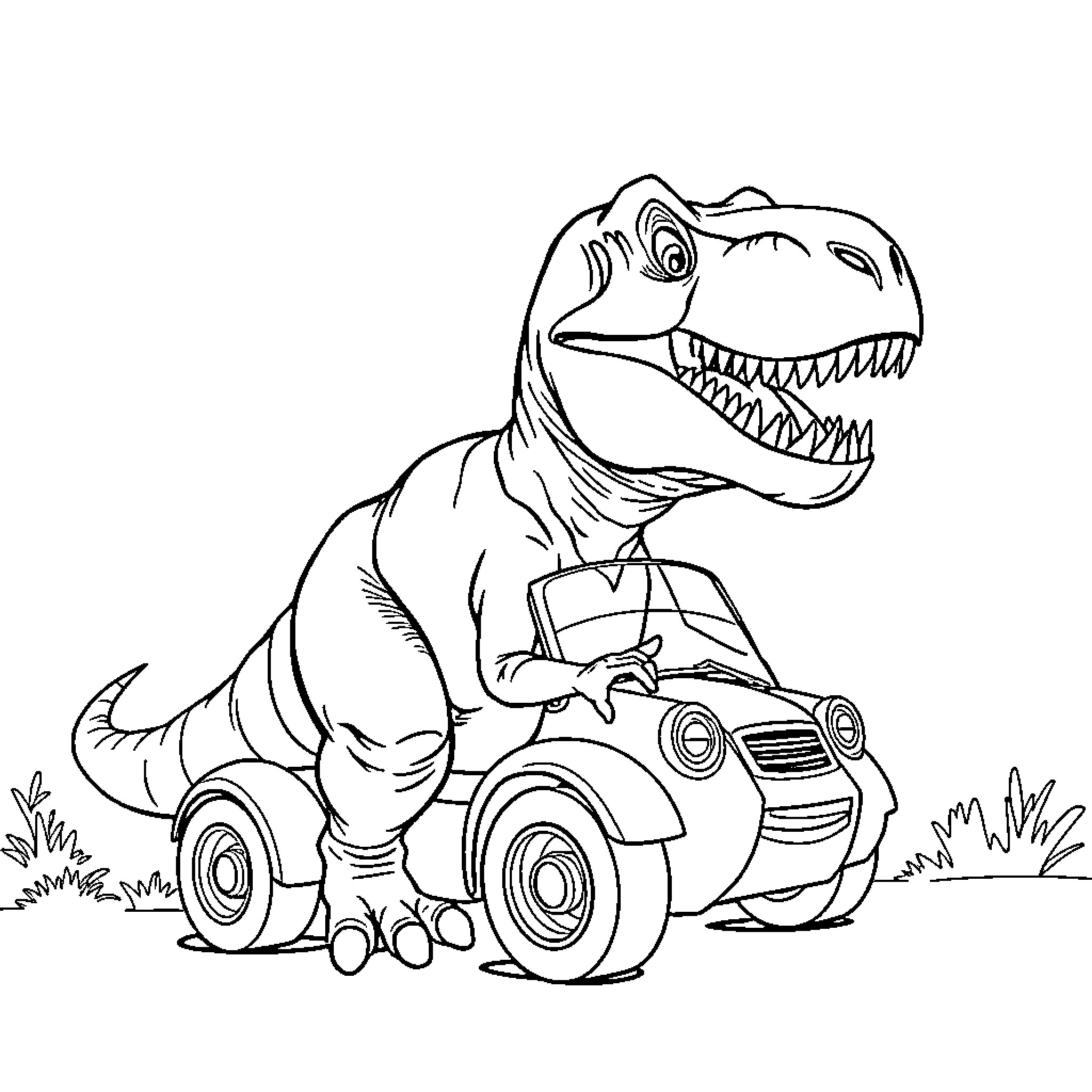T-Rex Driving a Toy Car Playfully Coloring Page (free black-and-white line drawing printable PDF for all, from beginners to advanced learners, including children, teens, adults, and seniors)