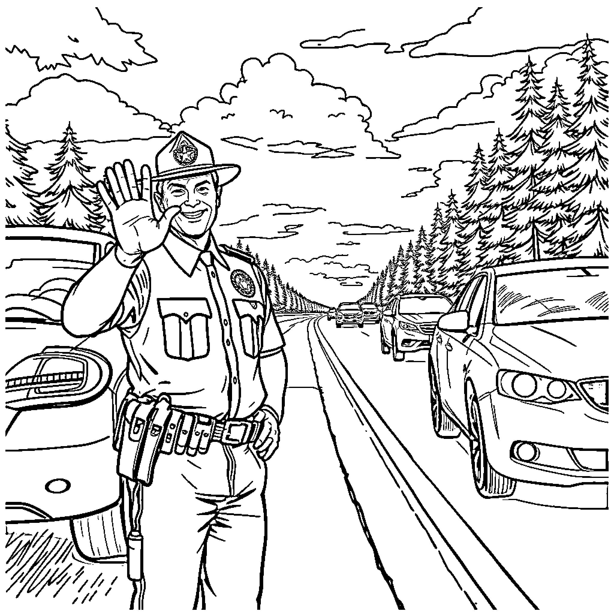 Trooper directing traffic in scenic forest landscape Coloring Page (free black-and-white line drawing printable PDF for all, from beginners to advanced learners, including children, teens, adults, and seniors)