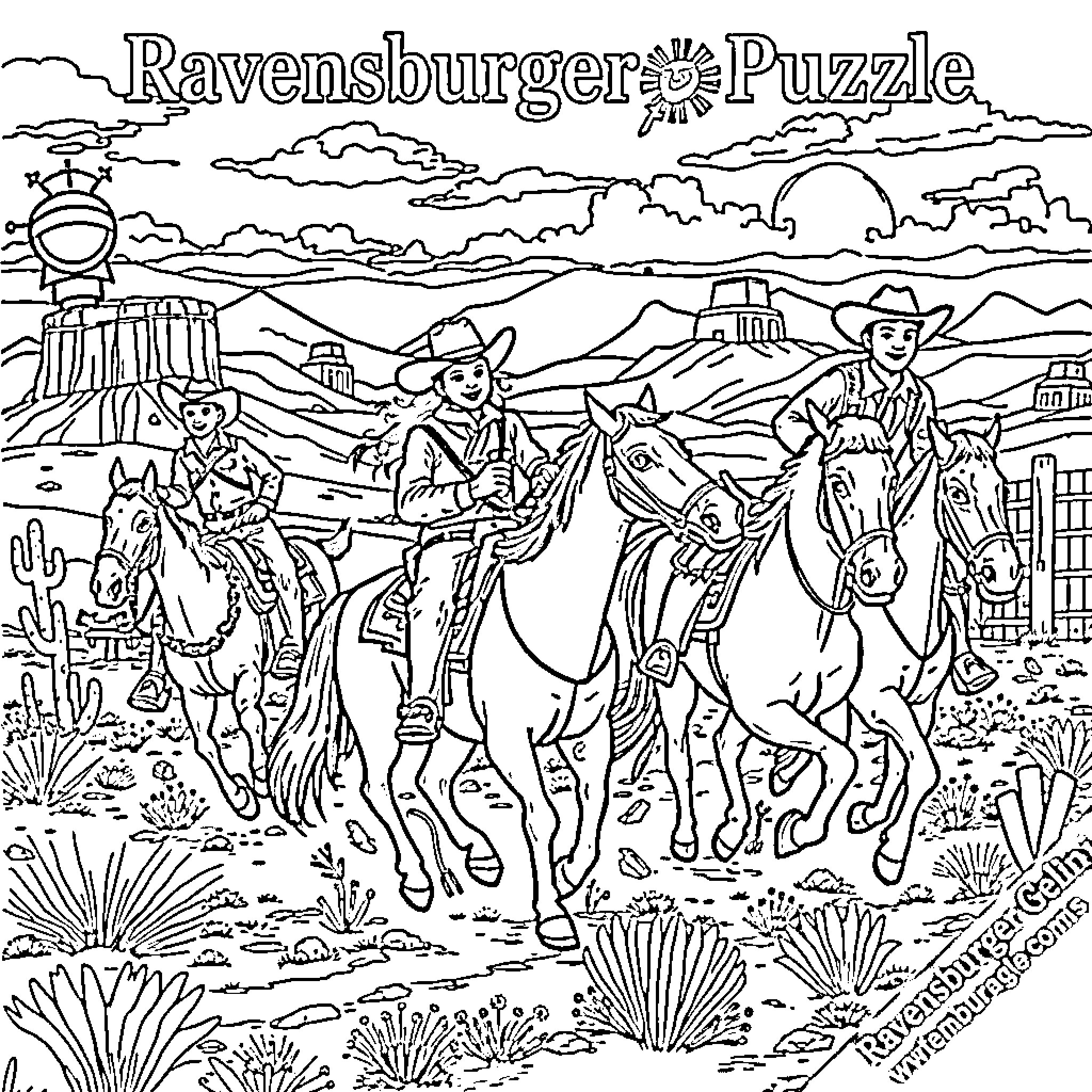 Cowboy horseback riding across the desert landscape Coloring Page (free black-and-white line drawing printable PDF for all, from beginners to advanced learners, including children, teens, adults, and seniors)