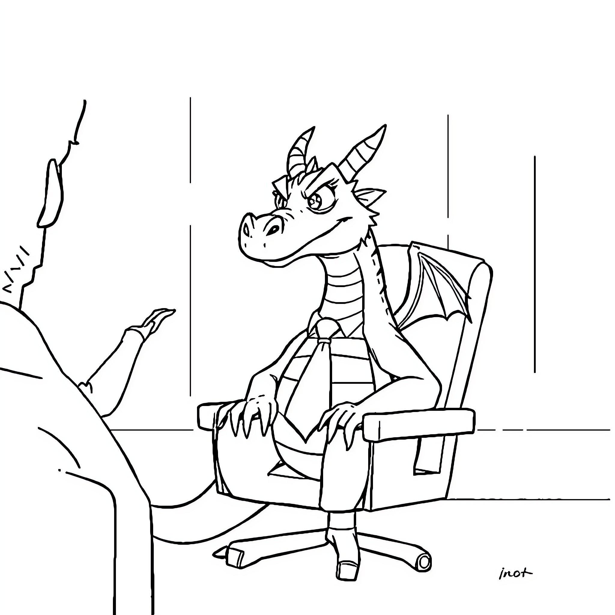 Dragon sitting playfully at a desk Coloring Page (free black-and-white line drawing printable PDF for all, from beginners to advanced learners, including children, teens, adults, and seniors)