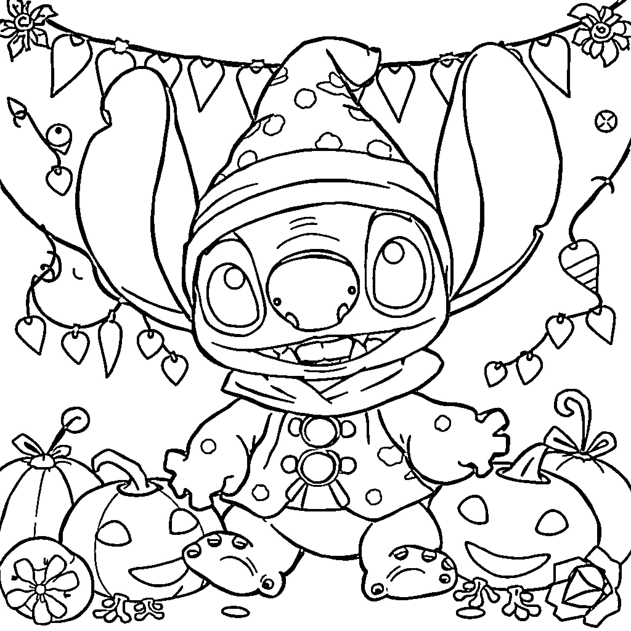 Stitch surrounded by hearts and flowers Coloring Page (free black-and-white line drawing printable PDF for all, from beginners to advanced learners, including children, teens, adults, and seniors)