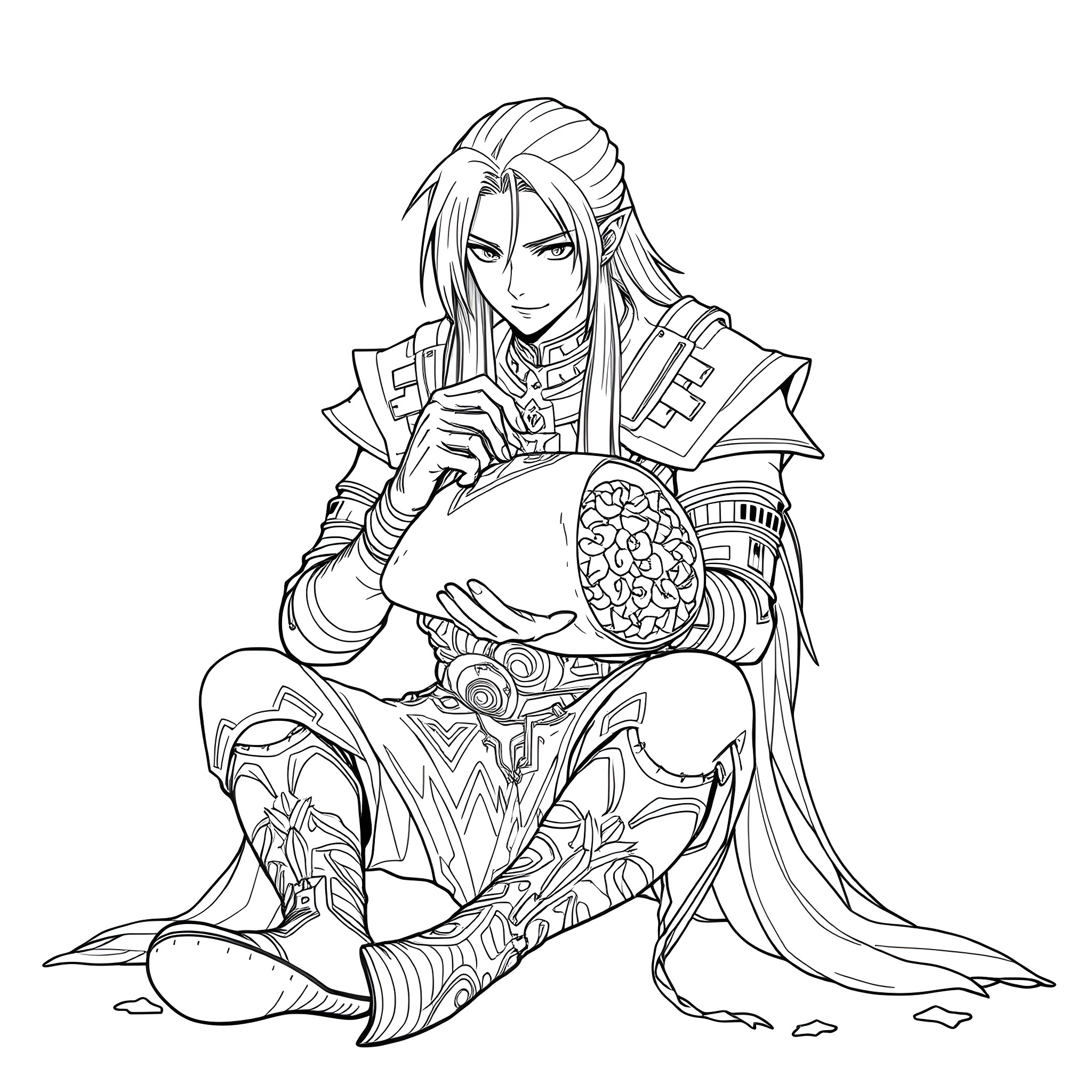 Sephiroth's Contemplative Pose with Decorative Attire Coloring Page (free black-and-white line drawing printable PDF for all, from beginners to advanced learners, including children, teens, adults, and seniors)