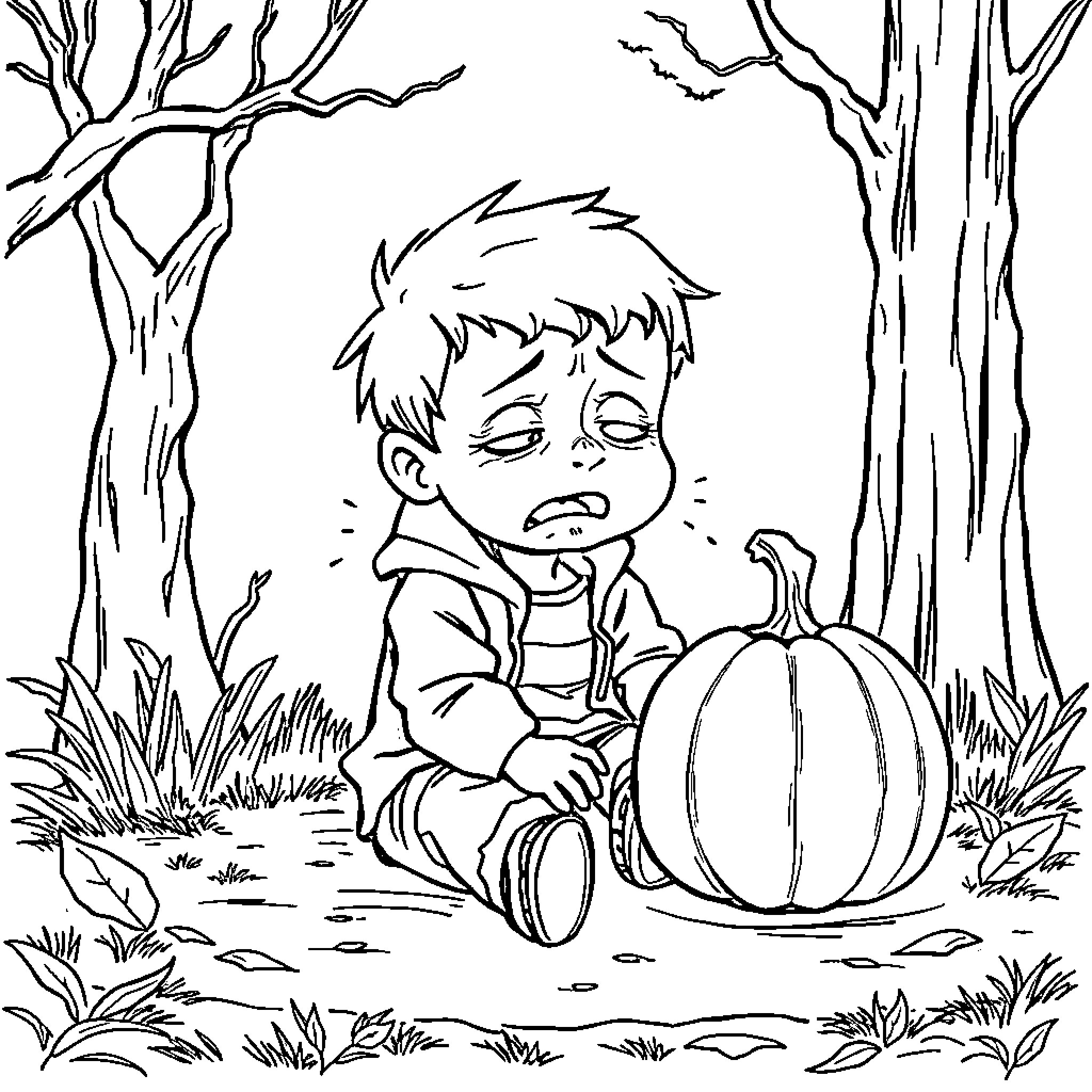 Kid sits dejectedly with pumpkin in autumn forest Coloring Page (free black-and-white line drawing printable PDF for all, from beginners to advanced learners, including children, teens, adults, and seniors)