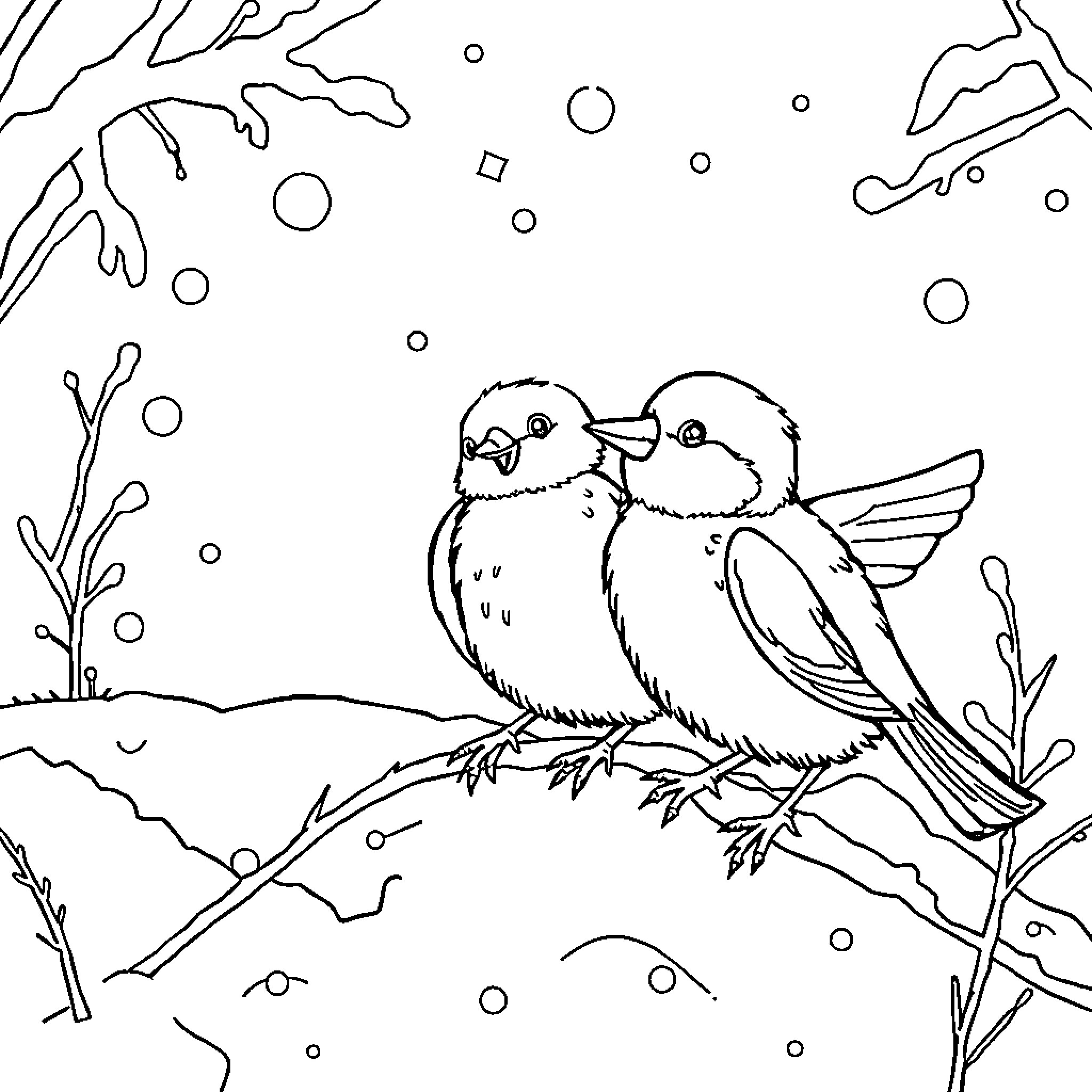 Fuchs' Feathered Friends in Snowy Wonderland Coloring Page (free black-and-white line drawing printable PDF for all, from beginners to advanced learners, including children, teens, adults, and seniors)