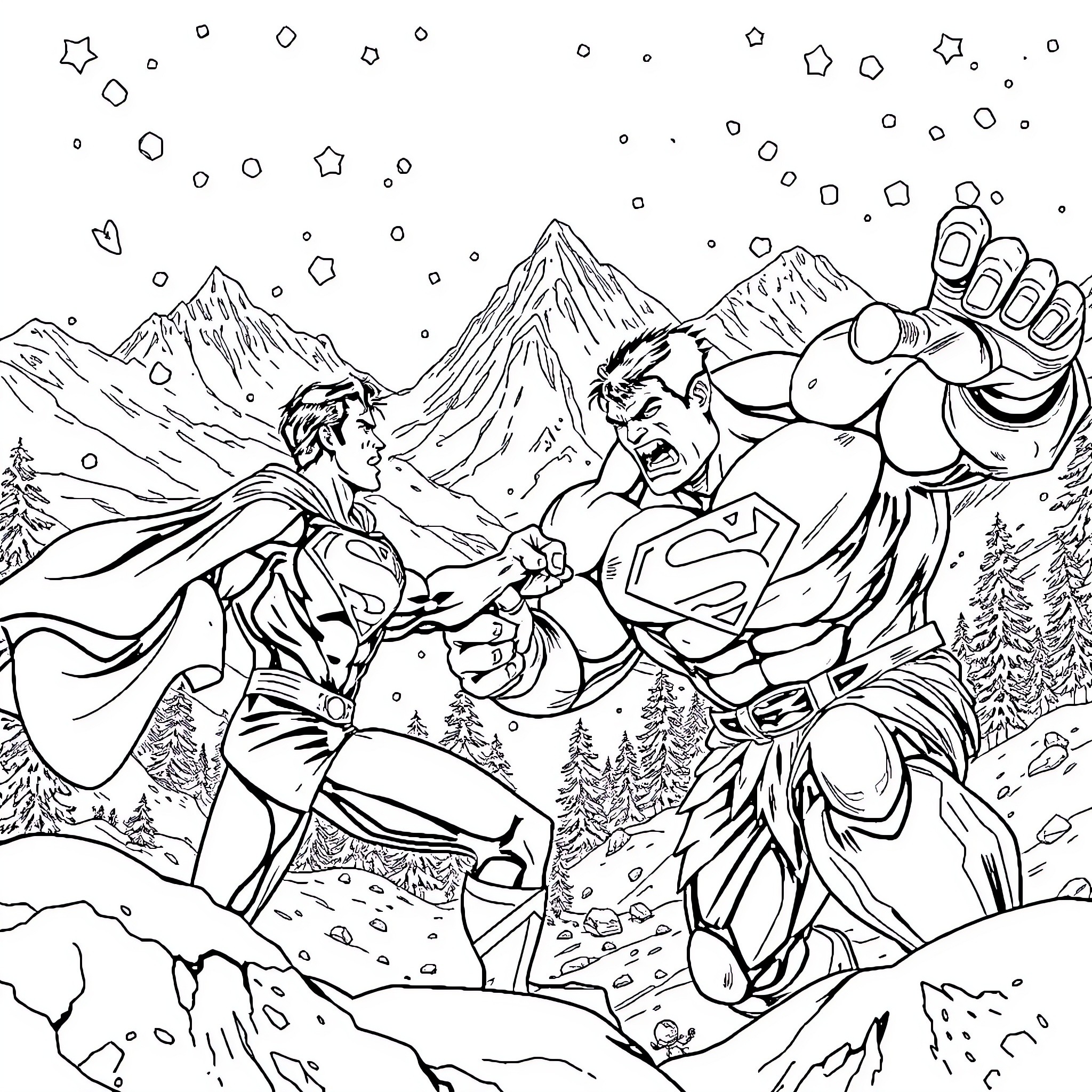 Superman confronting a powerful foe in a snowy mountainous scene Coloring Page (free black-and-white line drawing printable PDF for all, from beginners to advanced learners, including children, teens, adults, and seniors)