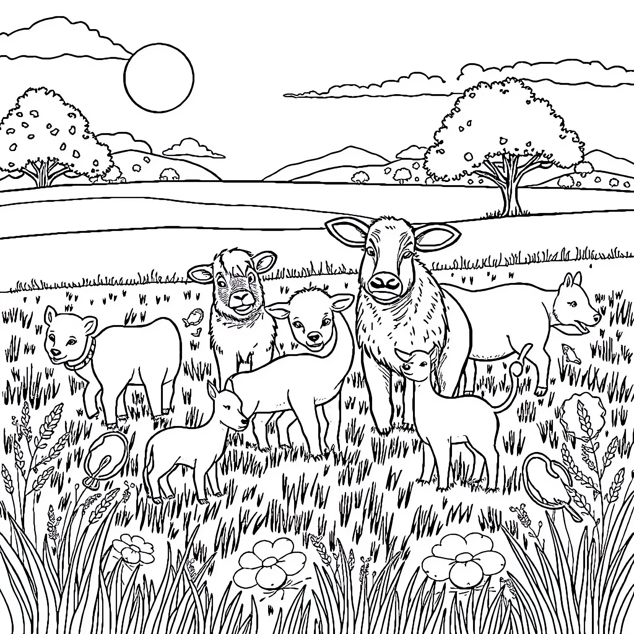 Animal farm scene with cows, sheep, and other livestock Coloring Page (free black-and-white line drawing printable PDF for all, from beginners to advanced learners, including children, teens, adults, and seniors)