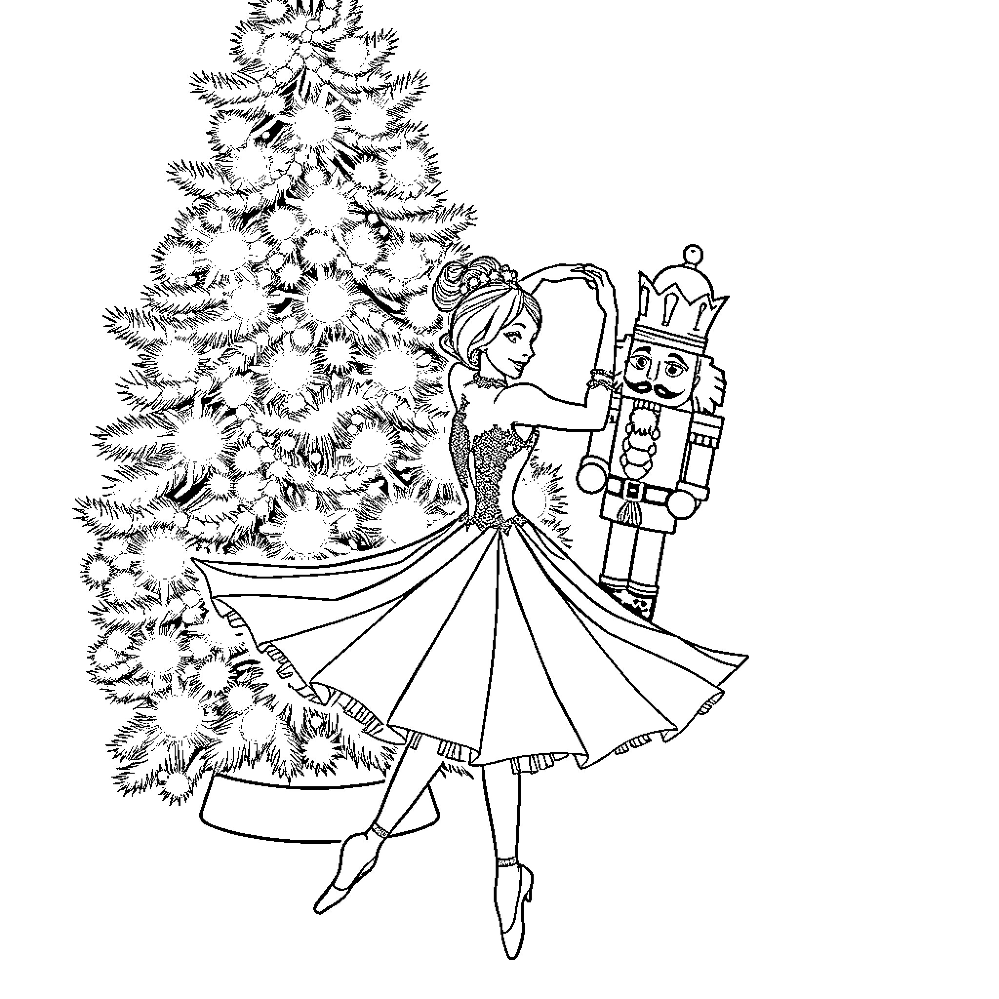 Ballet Dancer Decorating Christmas Tree with Nutcracker Coloring Page (free black-and-white line drawing printable PDF for all, from beginners to advanced learners, including children, teens, adults, and seniors)