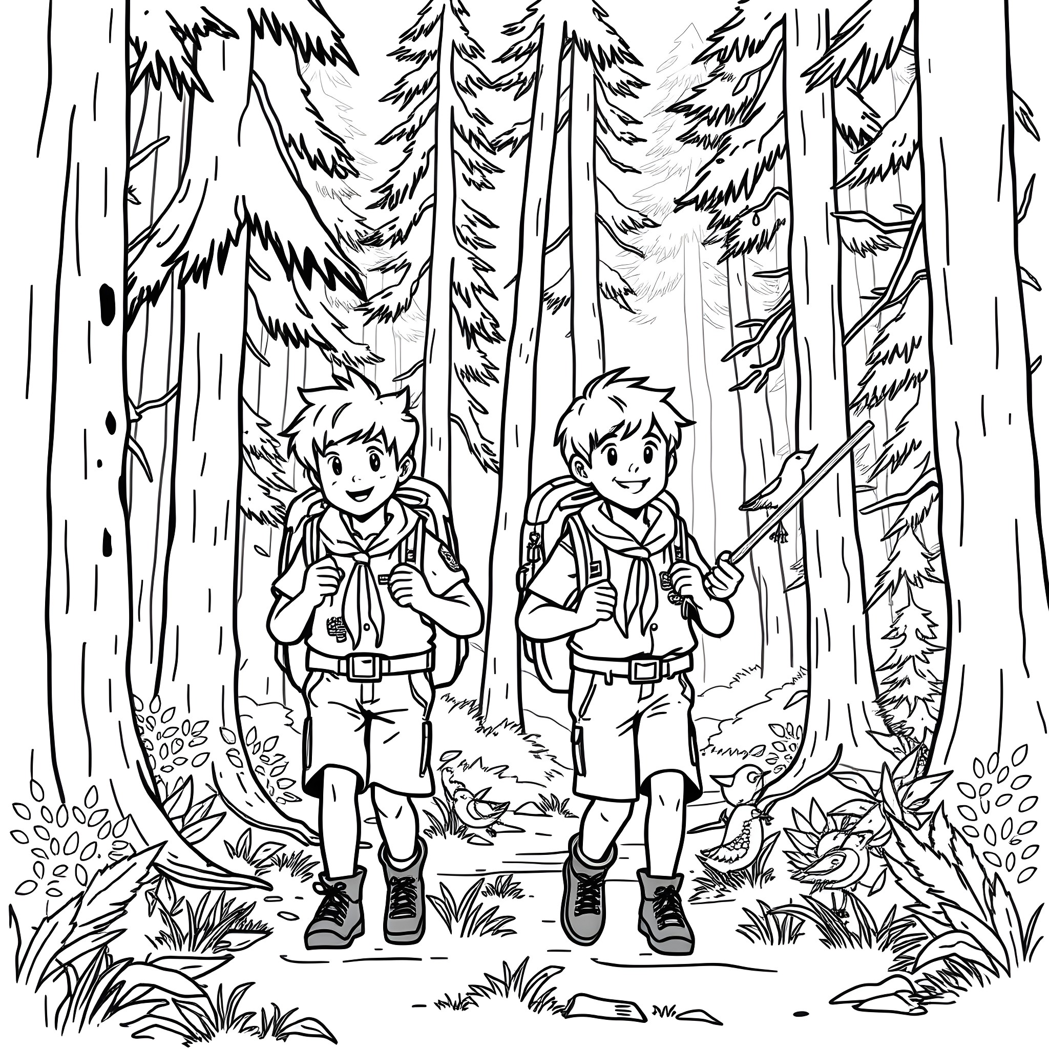 Boy Explorers Hiking in Enchanted Forest Coloring Page (free black-and-white line drawing printable PDF for all, from beginners to advanced learners, including children, teens, adults, and seniors)