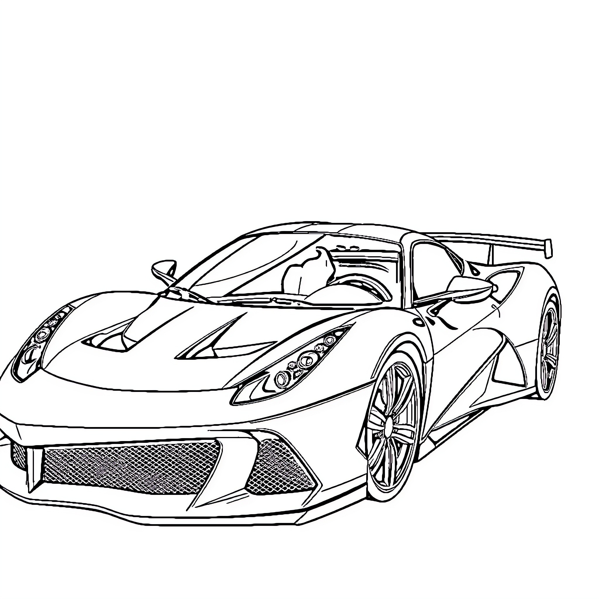 Car racing down the track in aggressive design Coloring Page (free black-and-white line drawing printable PDF for all, from beginners to advanced learners, including children, teens, adults, and seniors)