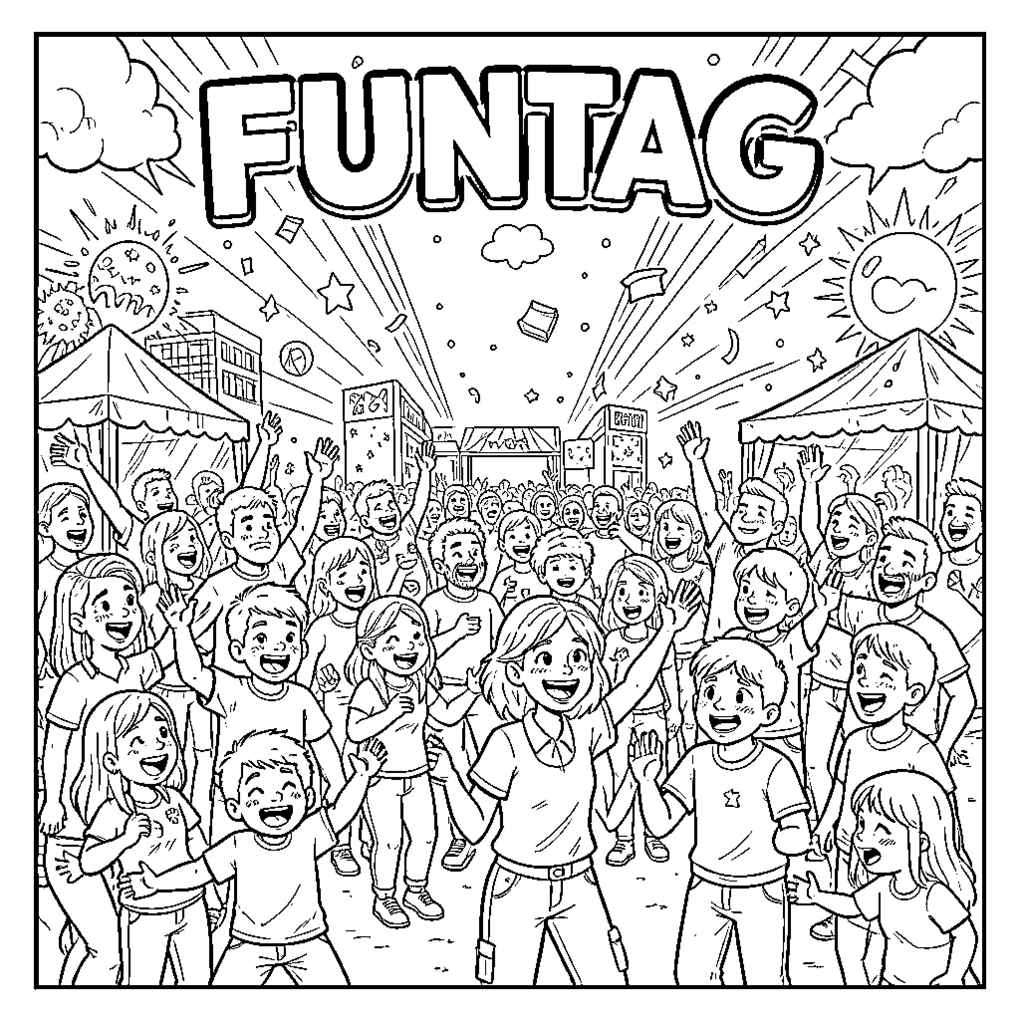 FUNTAG Happy children celebrating at an outdoor festival Coloring Page (free black-and-white line drawing printable PDF for all, from beginners to advanced learners, including children, teens, adults, and seniors)