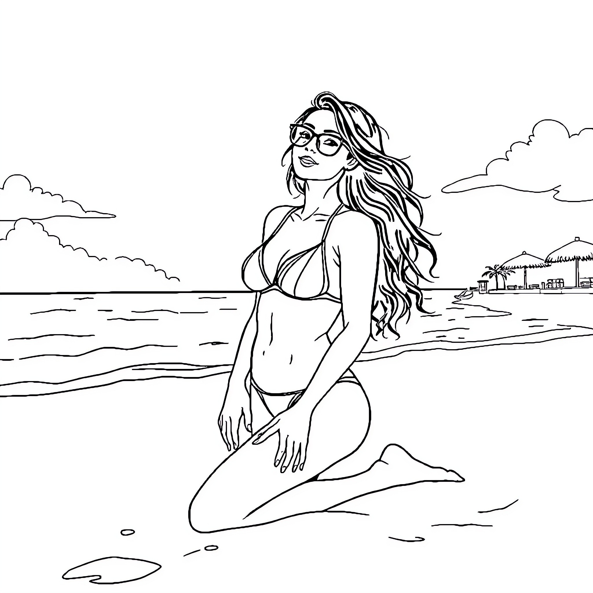 Bikini-clad woman enjoying the beach Coloring Page (free black-and-white line drawing printable PDF for all, from beginners to advanced learners, including children, teens, adults, and seniors)