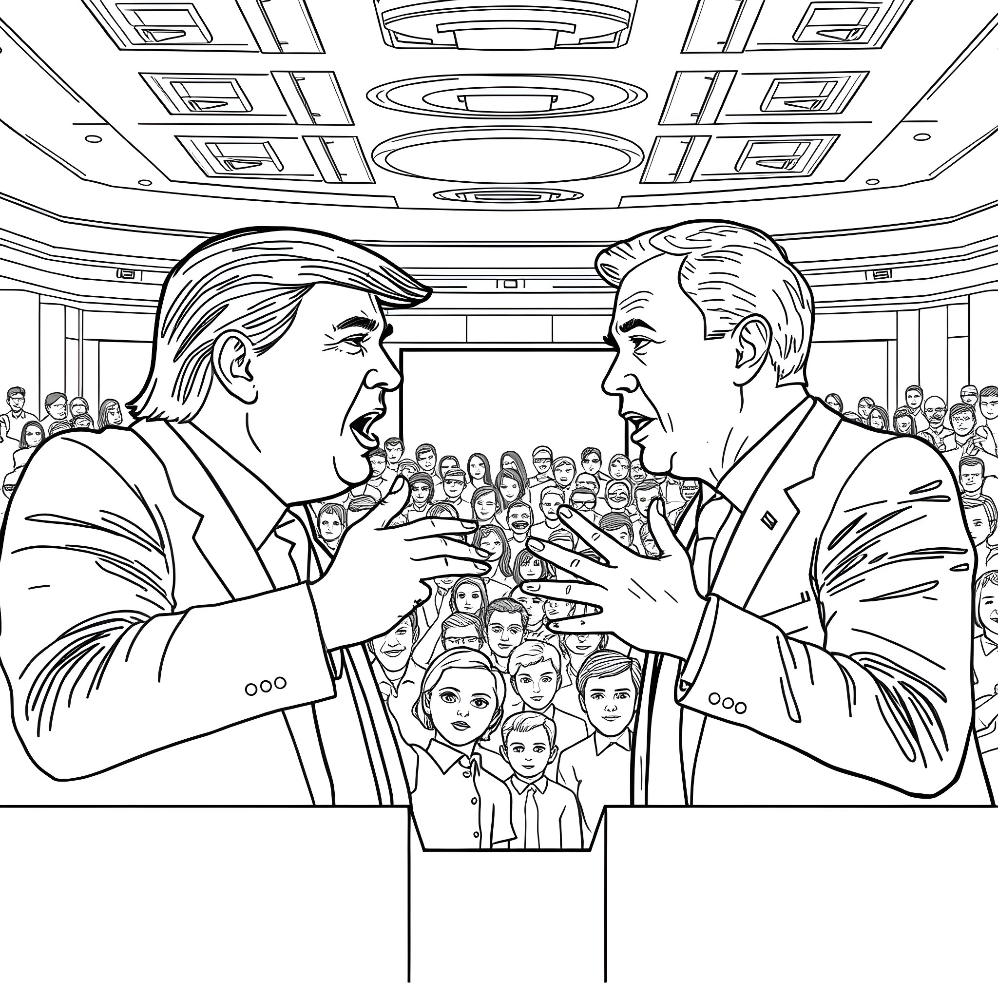 Trump and political opponent debating on stage Coloring Page (free black-and-white line drawing printable PDF for all, from beginners to advanced learners, including children, teens, adults, and seniors)