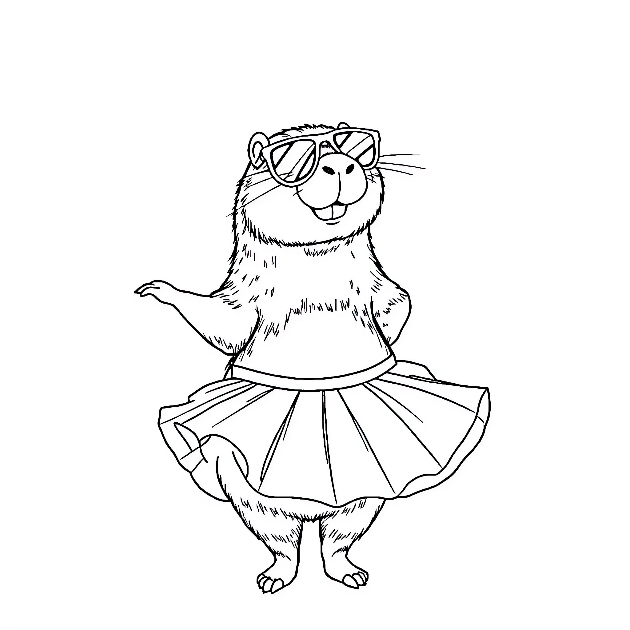 Capybara dressed up in a tutu and sunglasses Coloring Page (free black-and-white line drawing printable PDF for all, from beginners to advanced learners, including children, teens, adults, and seniors)