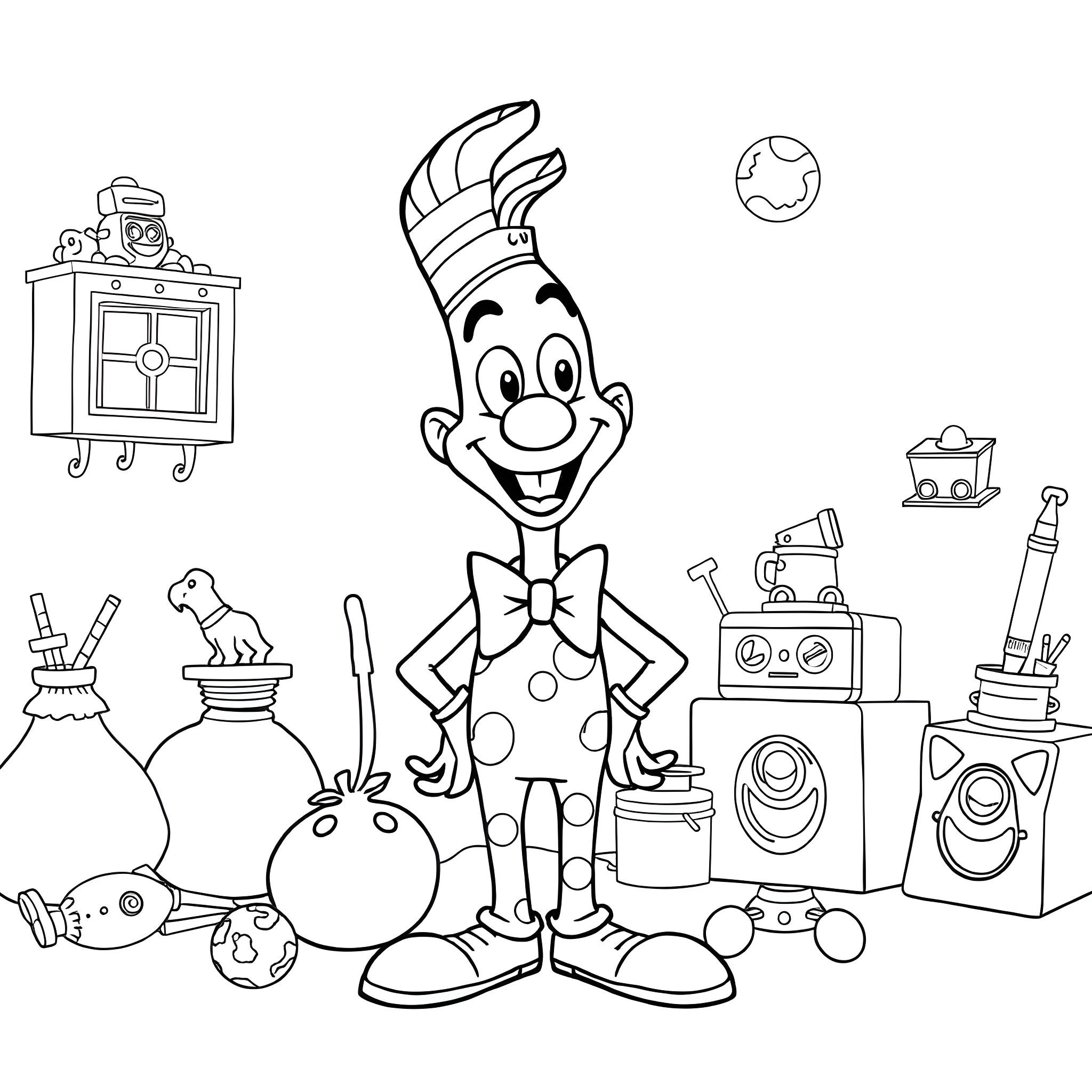 Peewee Herman surrounded by whimsical toys and gadgets Coloring Page (free black-and-white line drawing printable PDF for all, from beginners to advanced learners, including children, teens, adults, and seniors)