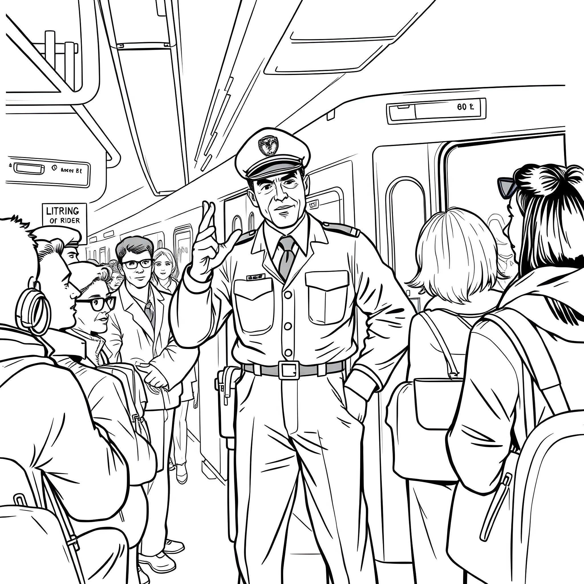 Train conductor leading passengers aboard Coloring Page (free black-and-white line drawing printable PDF for all, from beginners to advanced learners, including children, teens, adults, and seniors)