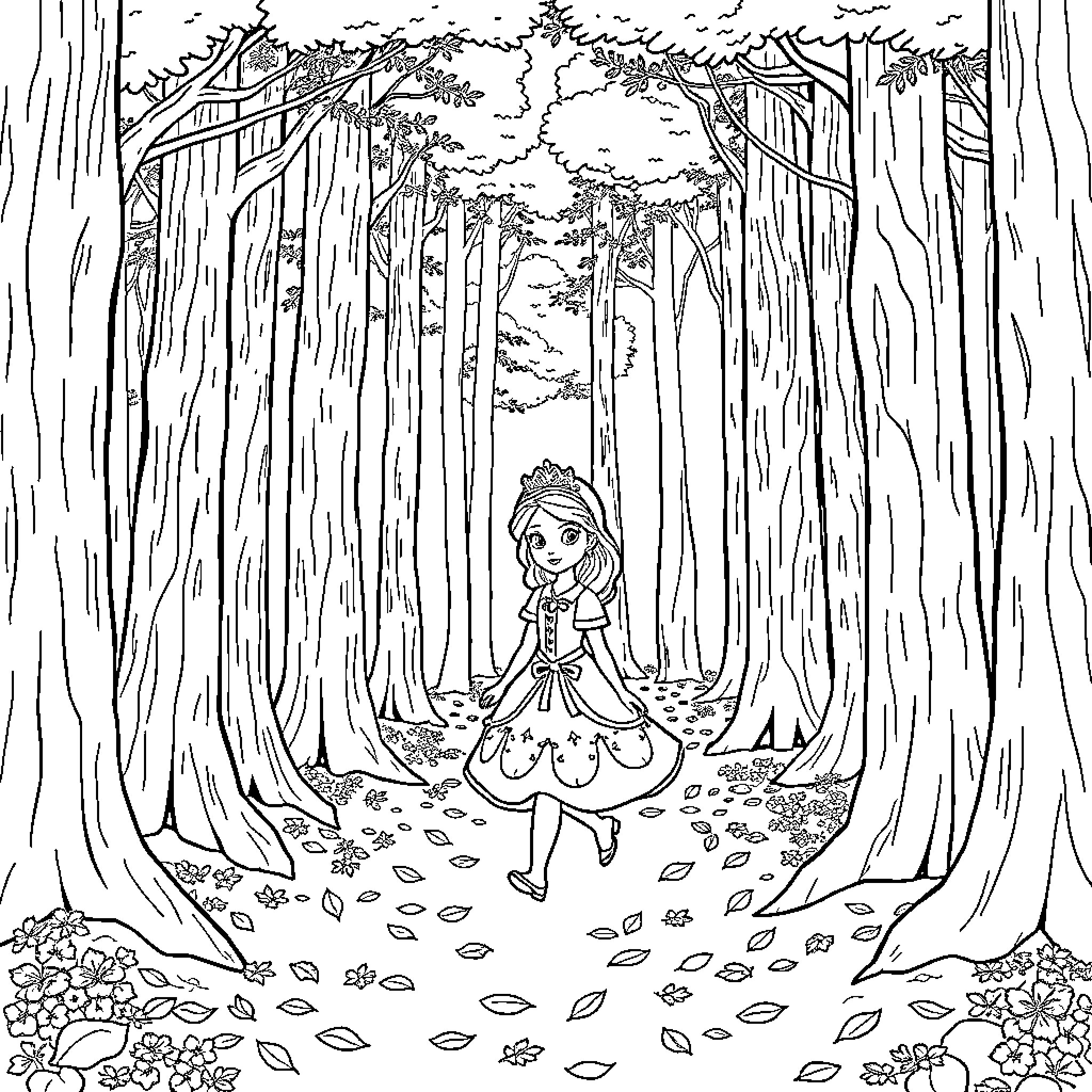 Princess Sofia walking through a magical forest Coloring Page (free black-and-white line drawing printable PDF for all, from beginners to advanced learners, including children, teens, adults, and seniors)