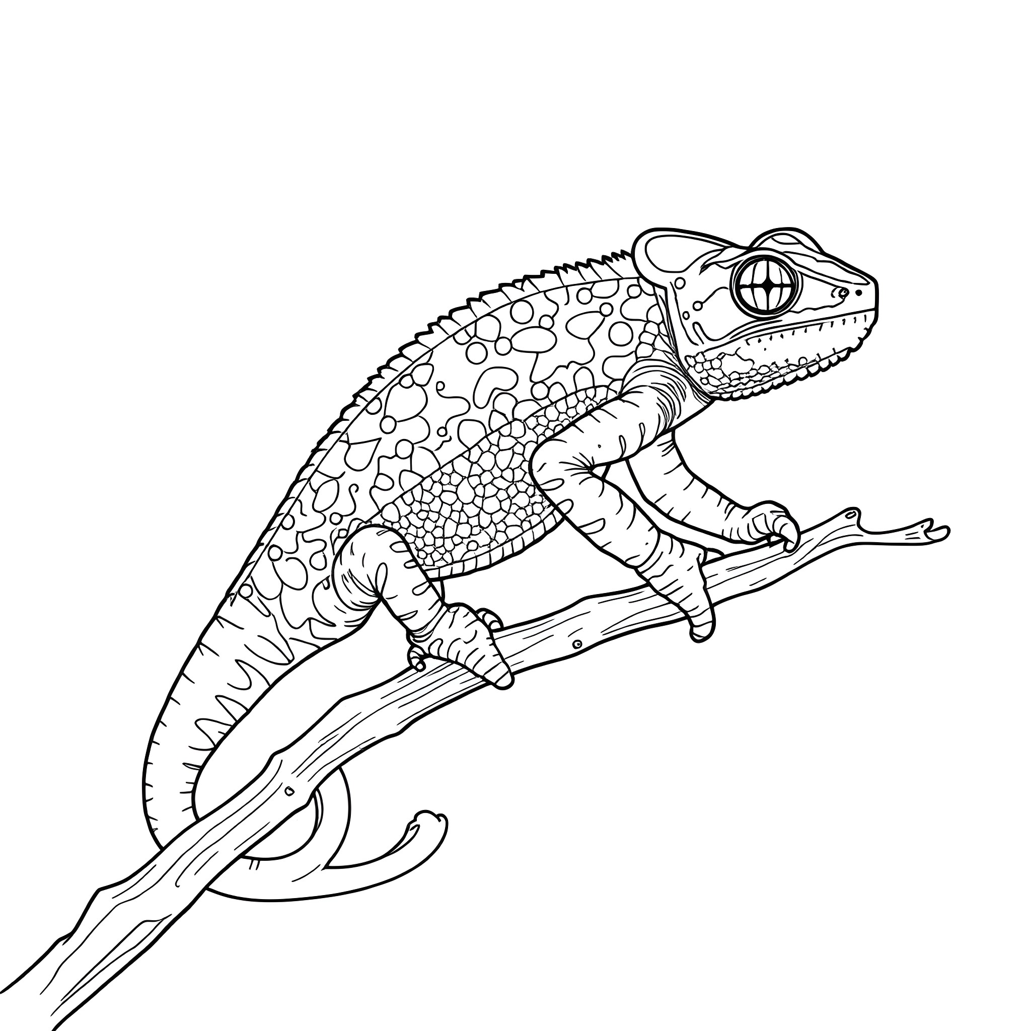 Chameleon Climbing Gracefully on a Branch Coloring Page (free black-and-white line drawing printable PDF for all, from beginners to advanced learners, including children, teens, adults, and seniors)