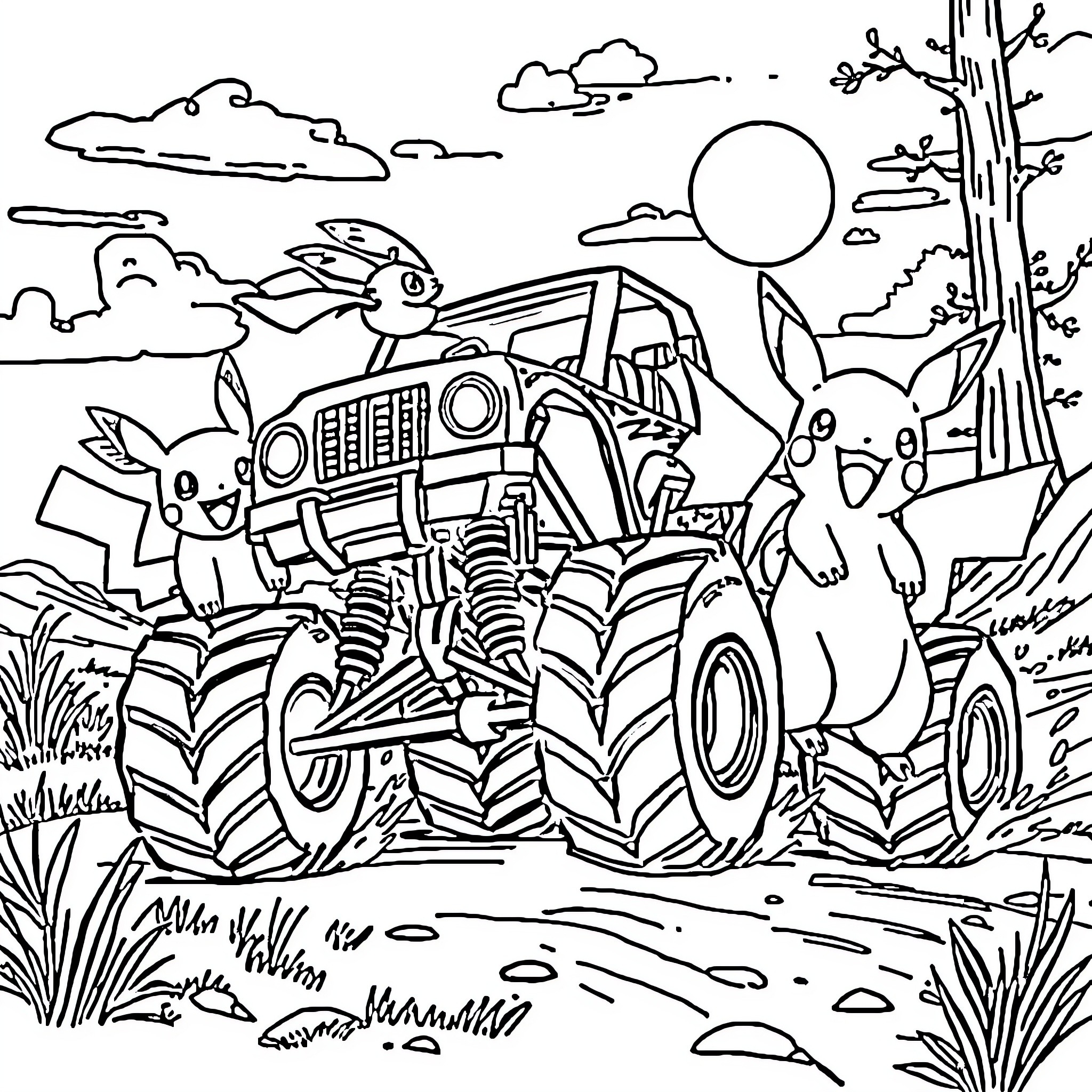Pokémon Monster Truck Adventure in the Wild Coloring Page (free black-and-white line drawing printable PDF for all, from beginners to advanced learners, including children, teens, adults, and seniors)