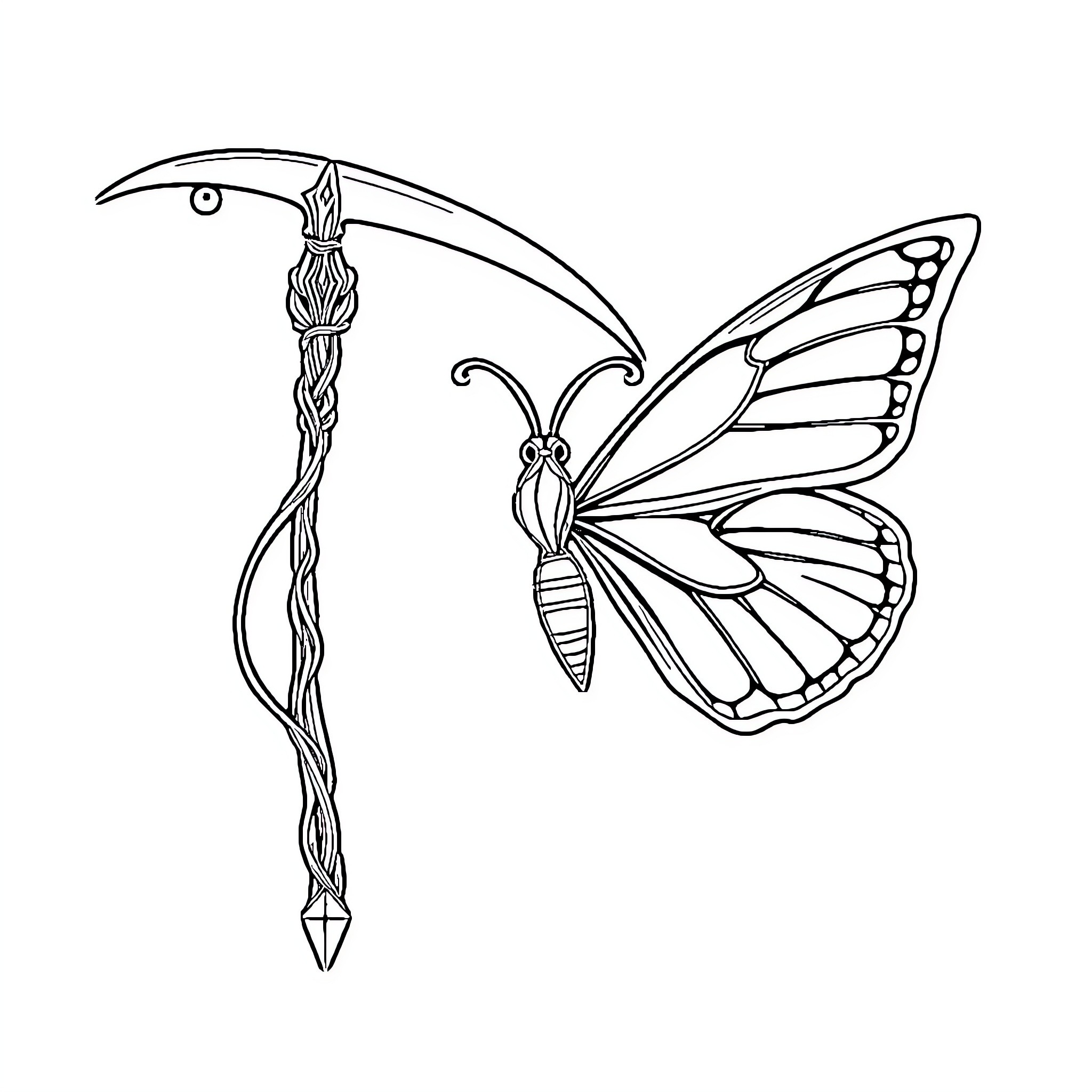 Butterfly with magical wand and wings Coloring Page (free black-and-white line drawing printable PDF for all, from beginners to advanced learners, including children, teens, adults, and seniors)