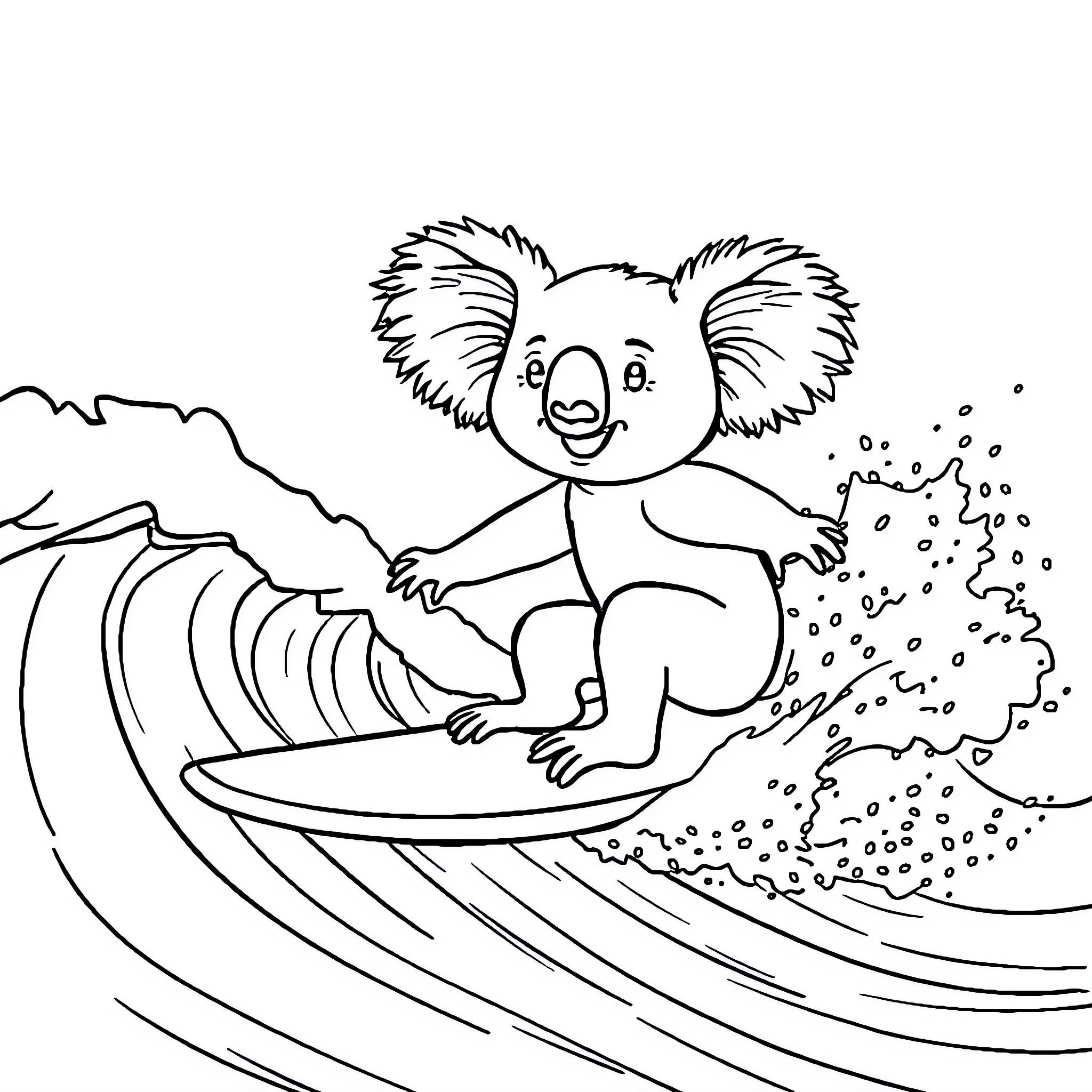 Koala surfing in the ocean waves Coloring Page (free black-and-white line drawing printable PDF for all, from beginners to advanced learners, including children, teens, adults, and seniors)