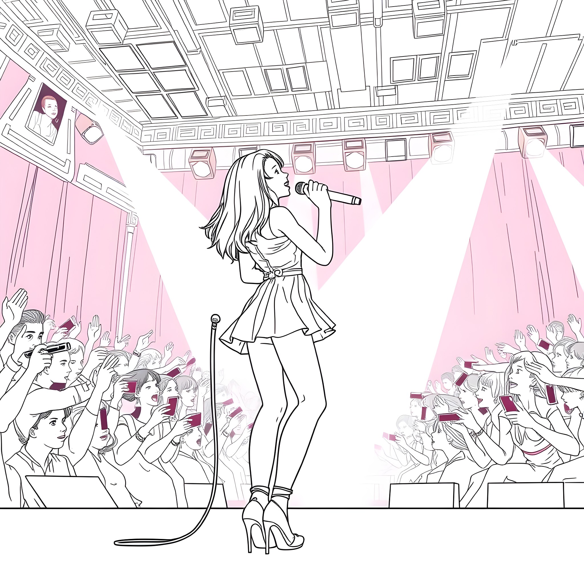 Teen Girl Performing on Stage with Crowd Coloring Page (free black-and-white line drawing printable PDF for all, from beginners to advanced learners, including children, teens, adults, and seniors)