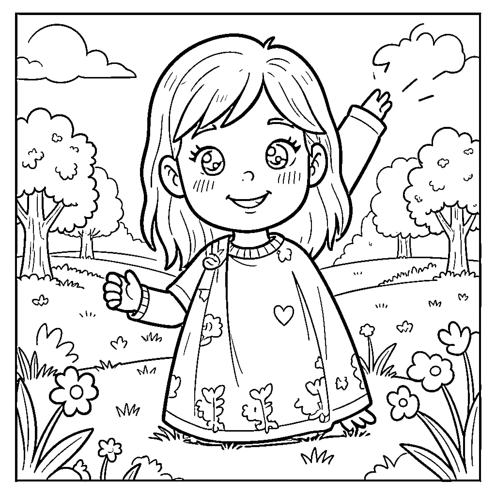 Photo of a young girl happily waving in a floral field Coloring Page (free black-and-white line drawing printable PDF for all, from beginners to advanced learners, including children, teens, adults, and seniors)