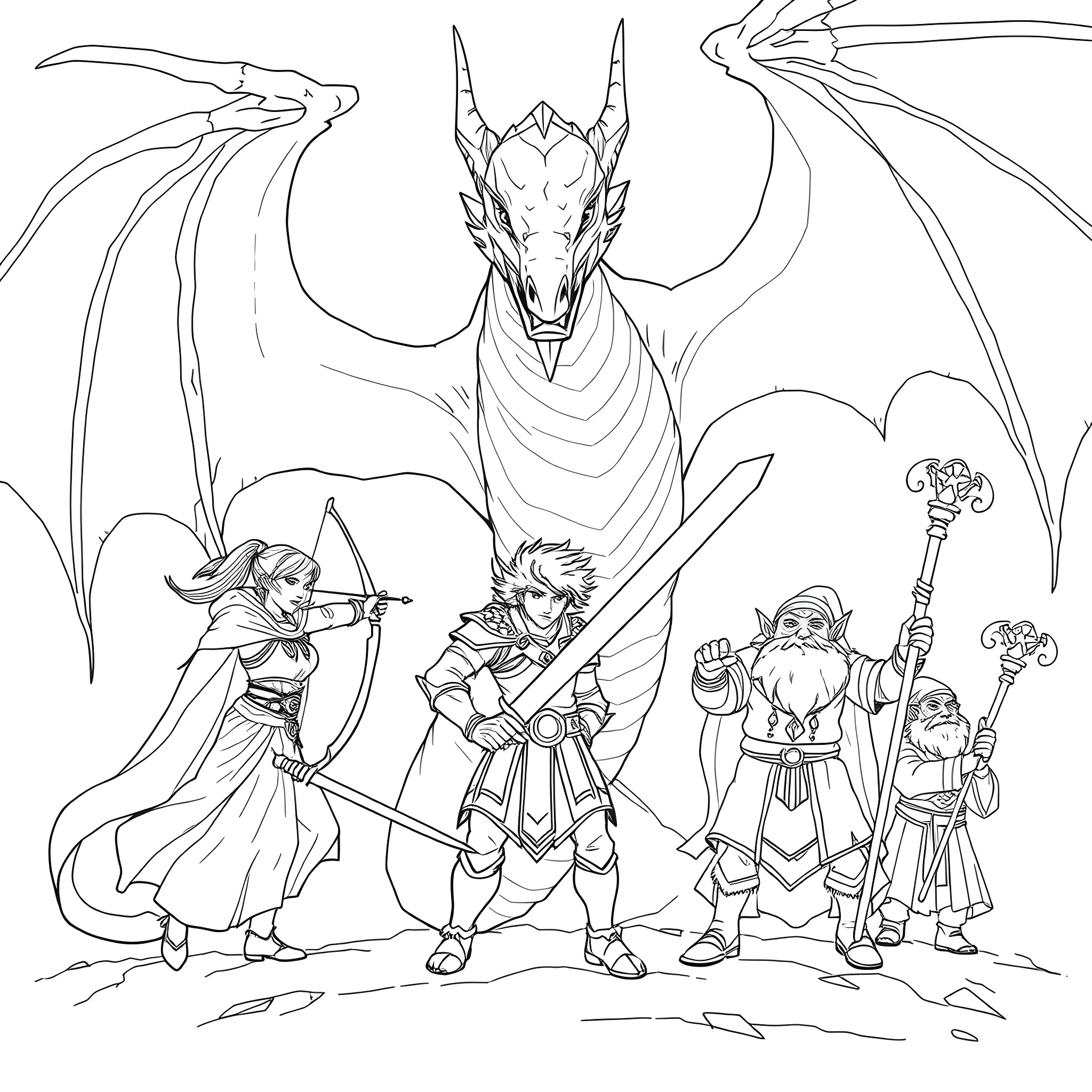 Dragon warriors on a fantastical adventure Coloring Page (free black-and-white line drawing printable PDF for all, from beginners to advanced learners, including children, teens, adults, and seniors)