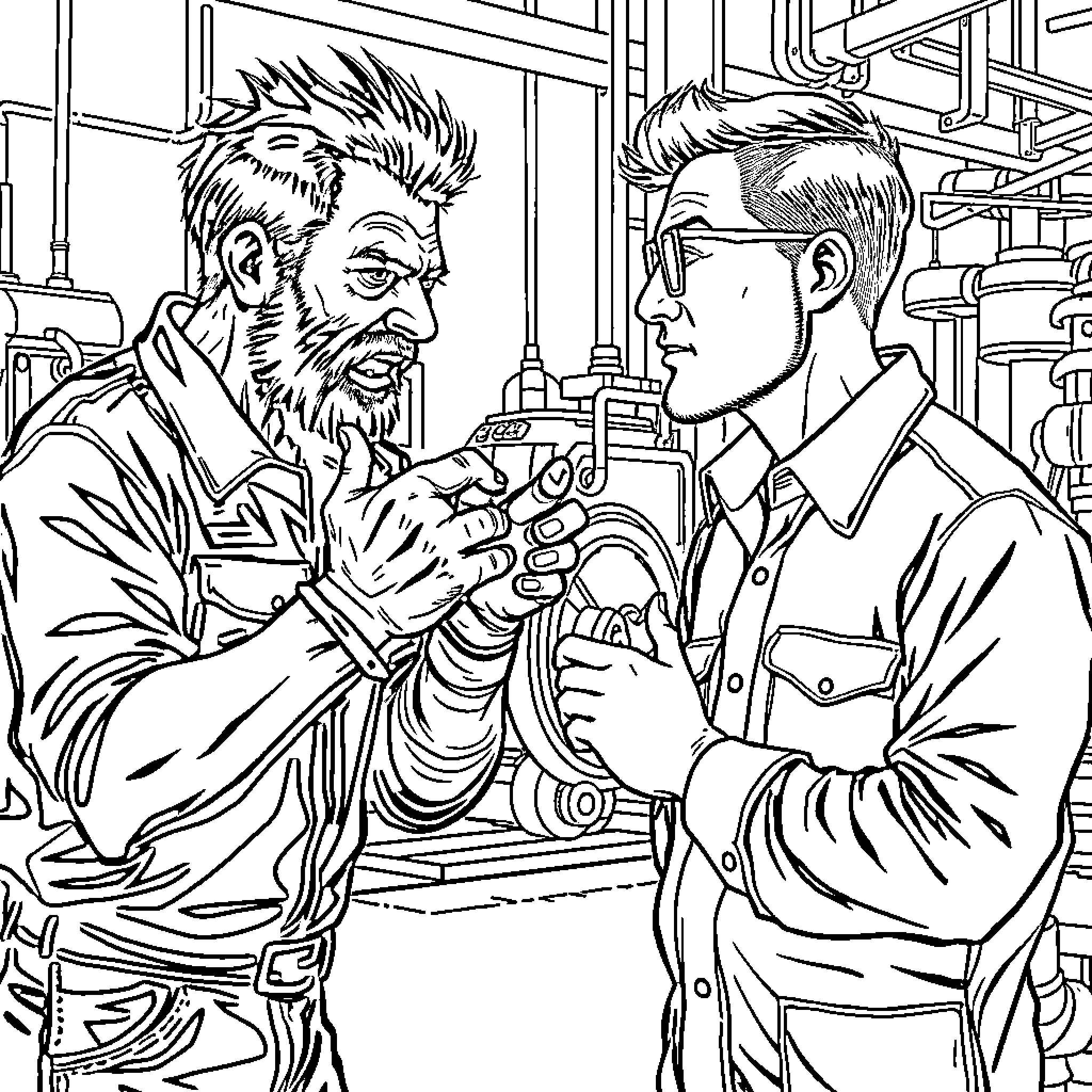 Machinist Colleagues Discussing Technical Details Coloring Page (free black-and-white line drawing printable PDF for all, from beginners to advanced learners, including children, teens, adults, and seniors)