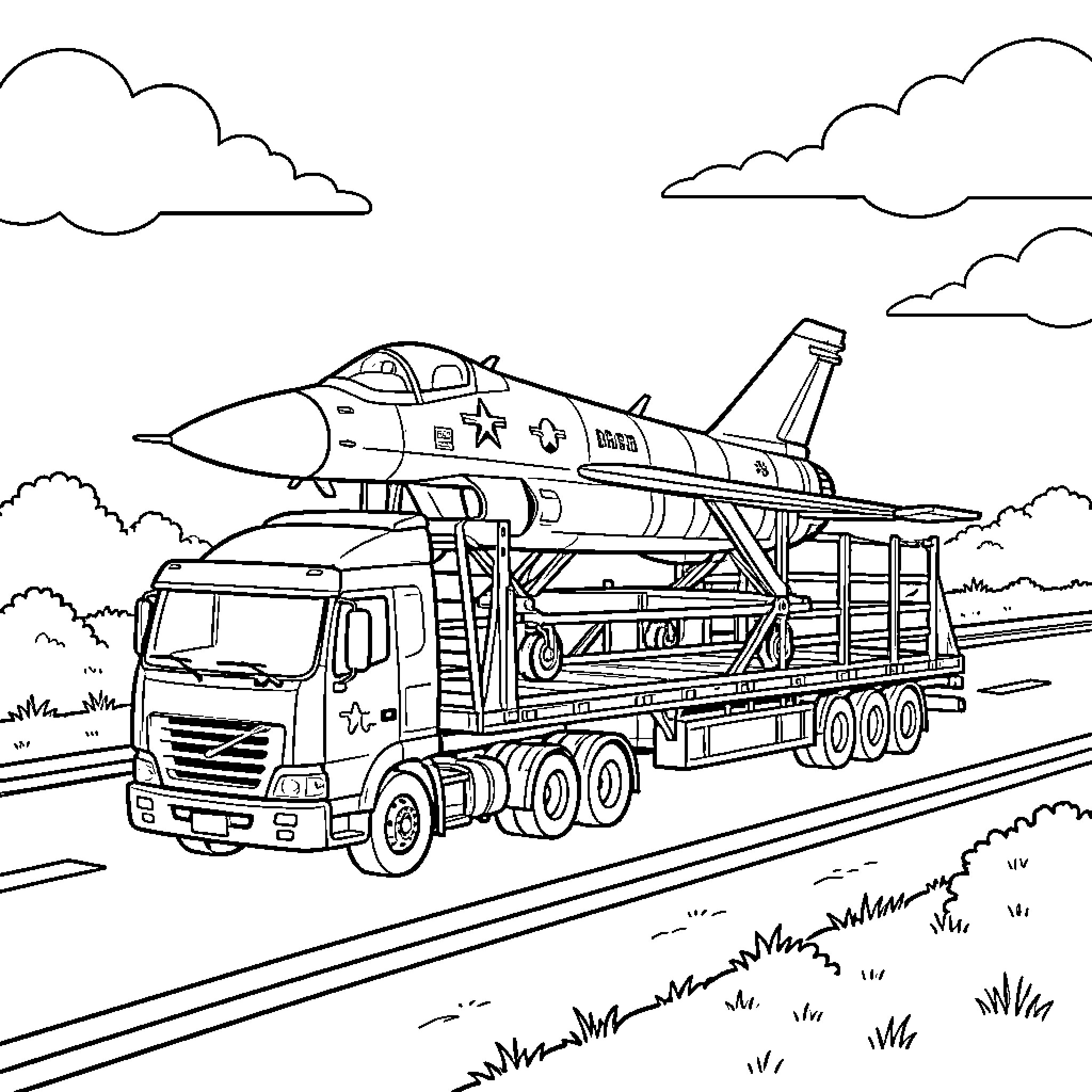 Semi Trailer transporting a fighter jet on a highway Coloring Page (free black-and-white line drawing printable PDF for all, from beginners to advanced learners, including children, teens, adults, and seniors)