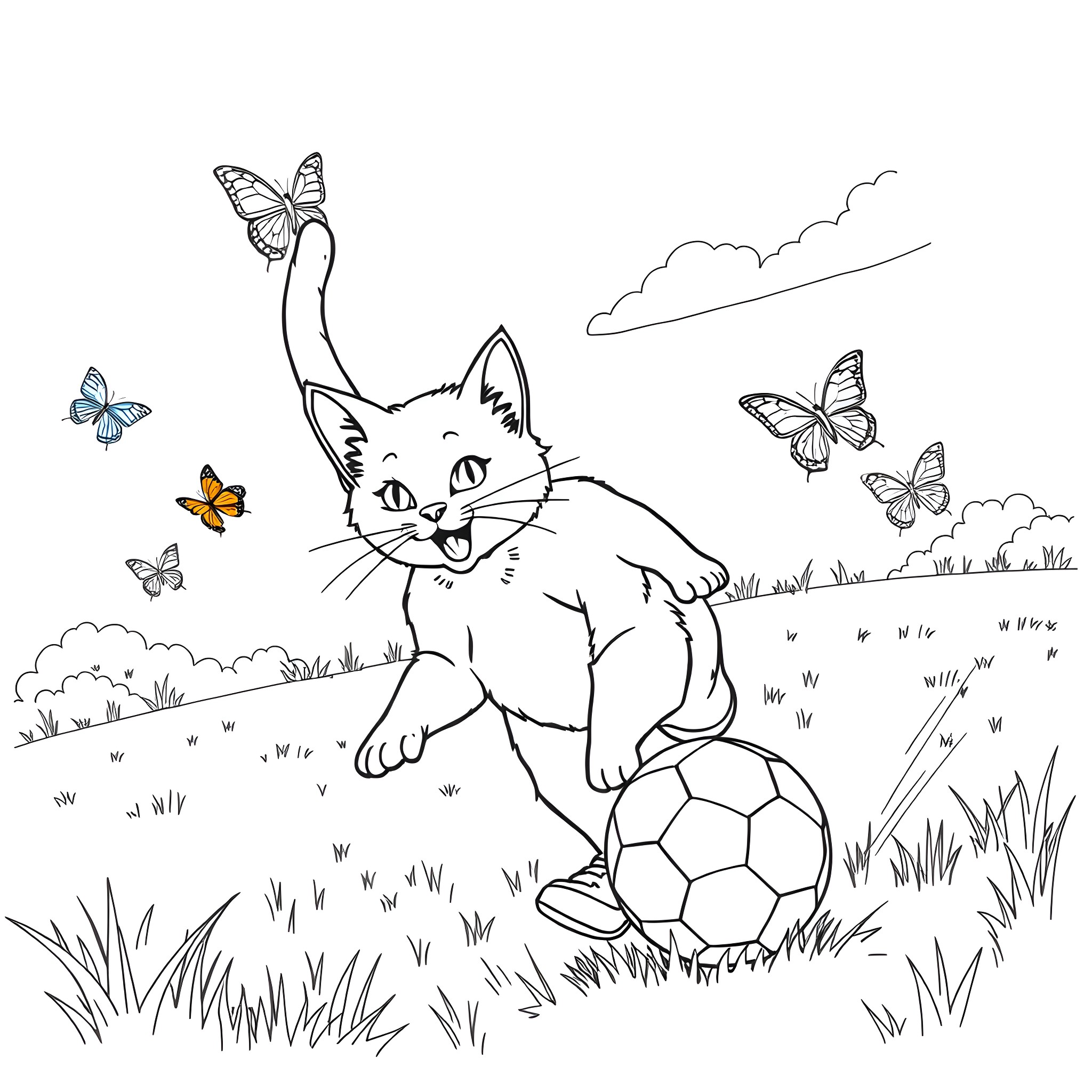 Cat playing with butterflies in the park Coloring Page (free black-and-white line drawing printable PDF for all, from beginners to advanced learners, including children, teens, adults, and seniors)