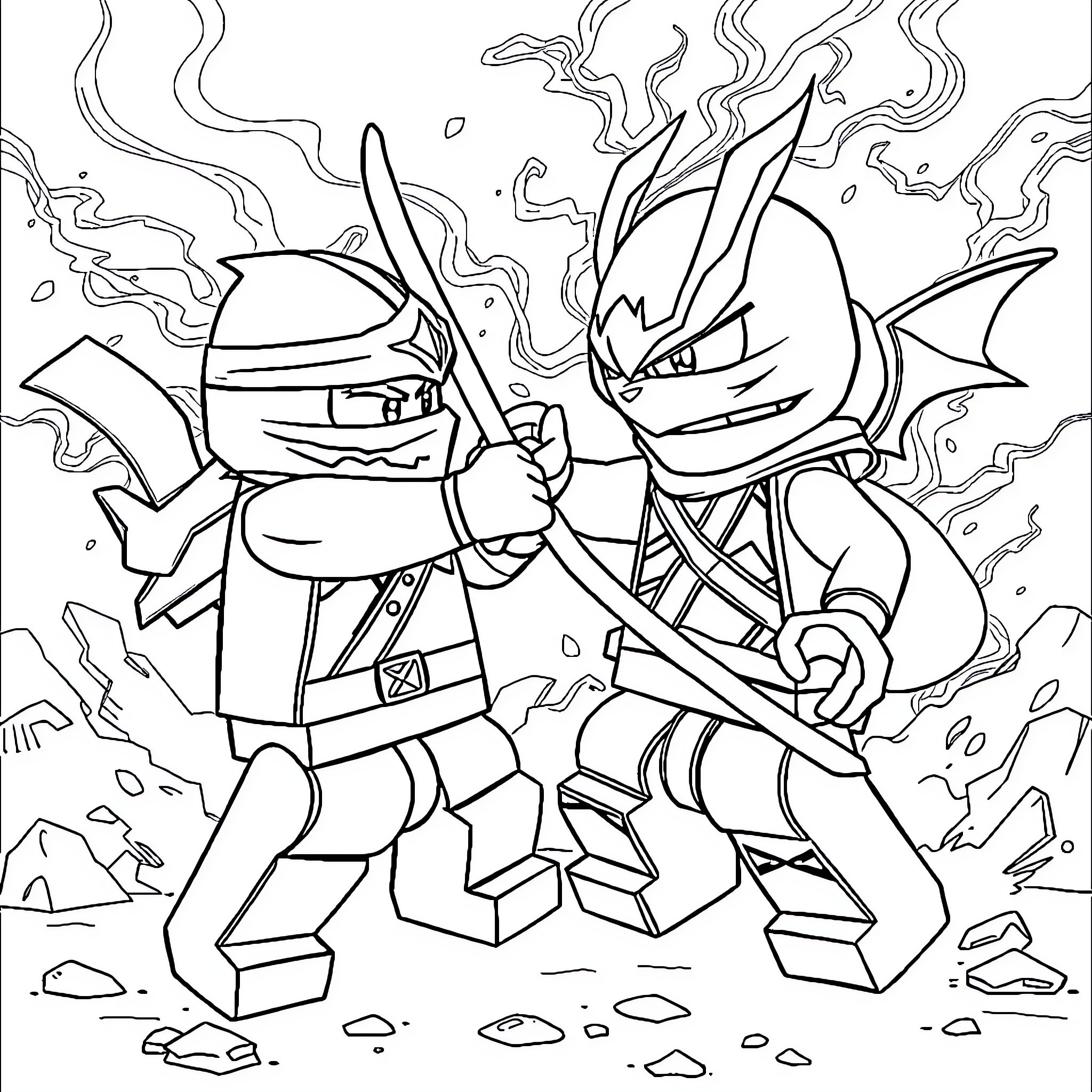 Ninjago warriors in intense battle Coloring Page (free black-and-white line drawing printable PDF for all, from beginners to advanced learners, including children, teens, adults, and seniors)