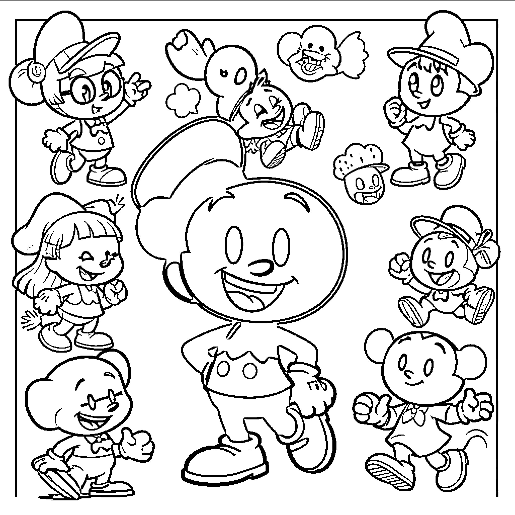 Cartoon Characters Having Fun and Interacting Coloring Page (free black-and-white line drawing printable PDF for all, from beginners to advanced learners, including children, teens, adults, and seniors)