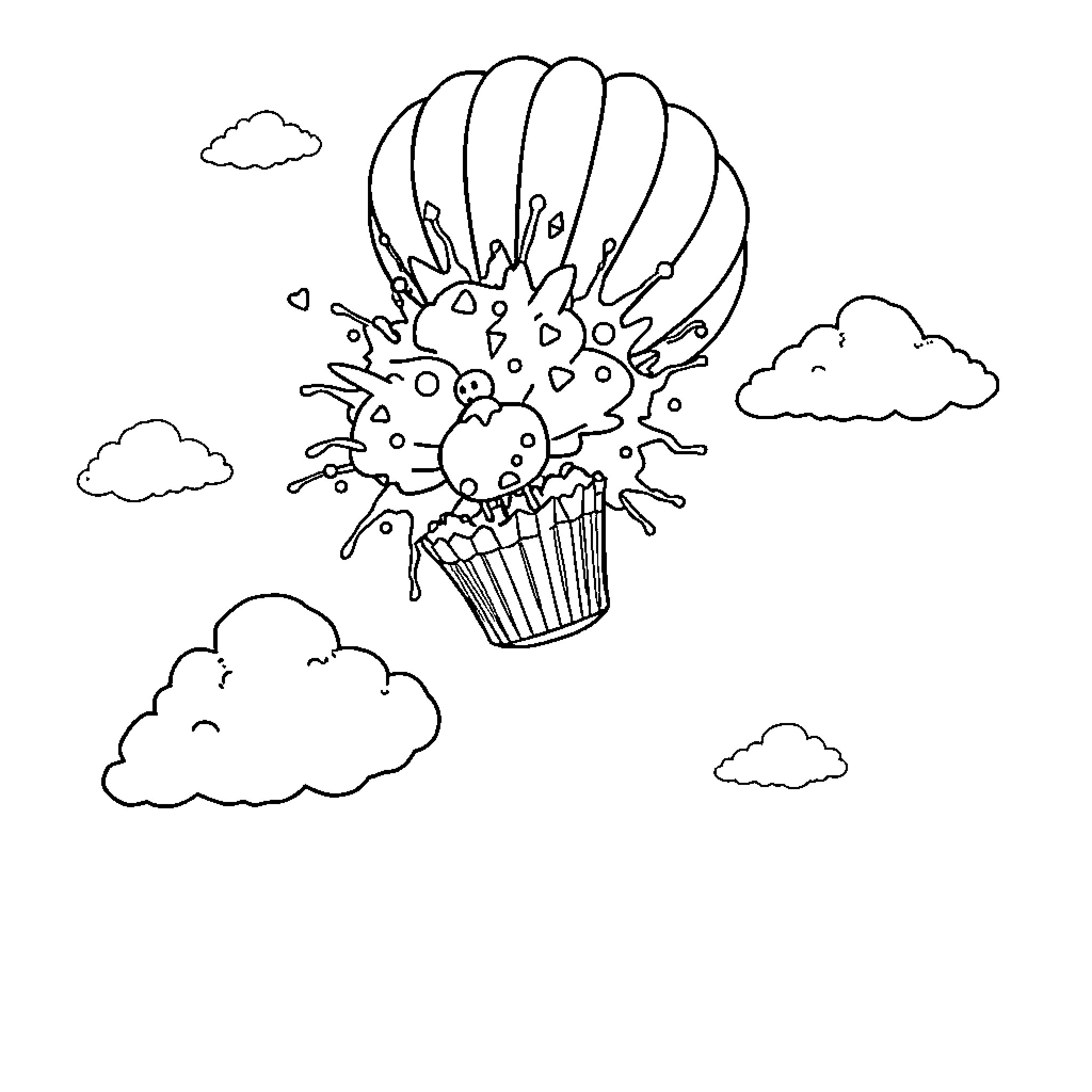 Cupcake floating in a hot air balloon Coloring Page (free black-and-white line drawing printable PDF for all, from beginners to advanced learners, including children, teens, adults, and seniors)