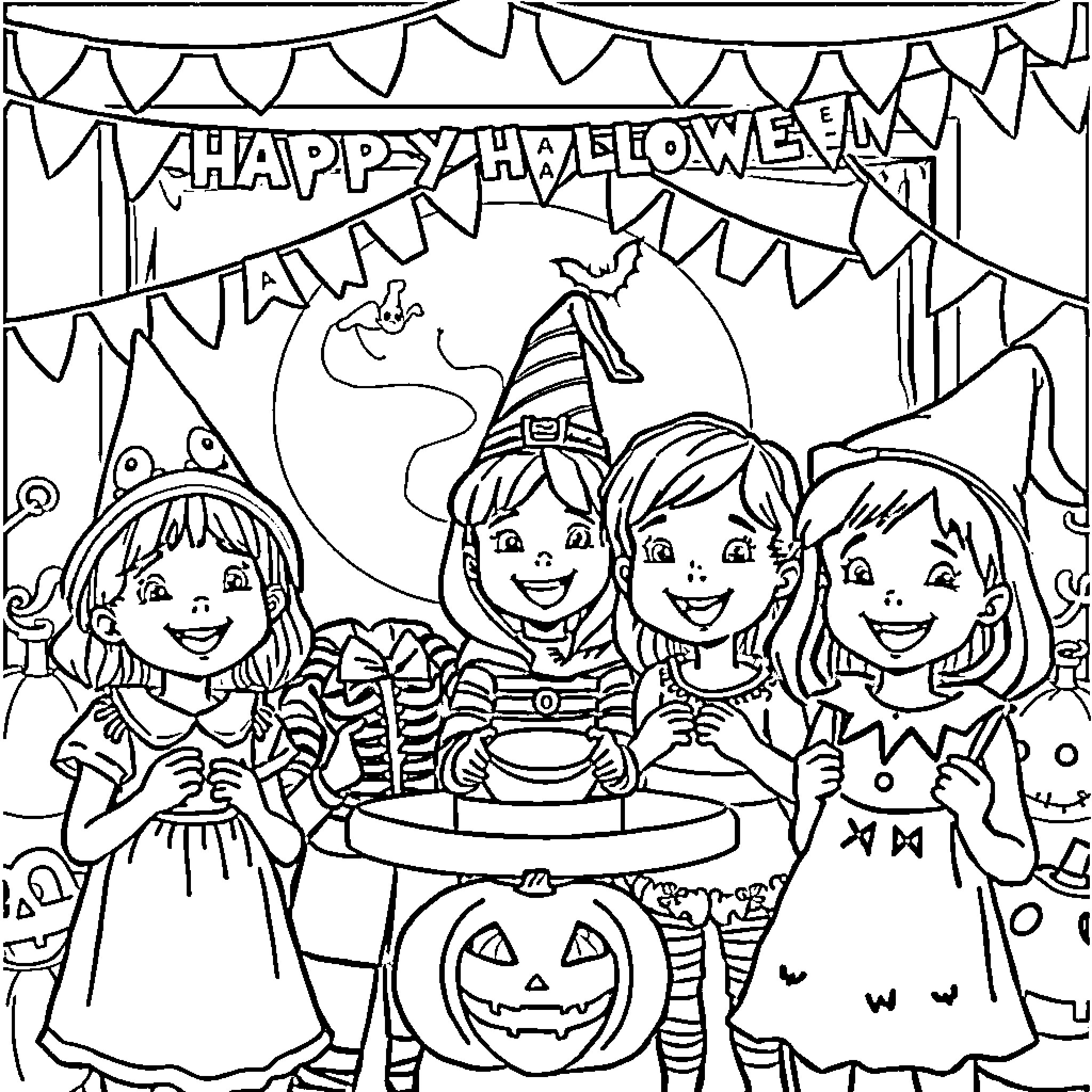 Happy Halloween with children in costumes Coloring Page (free black-and-white line drawing printable PDF for all, from beginners to advanced learners, including children, teens, adults, and seniors)