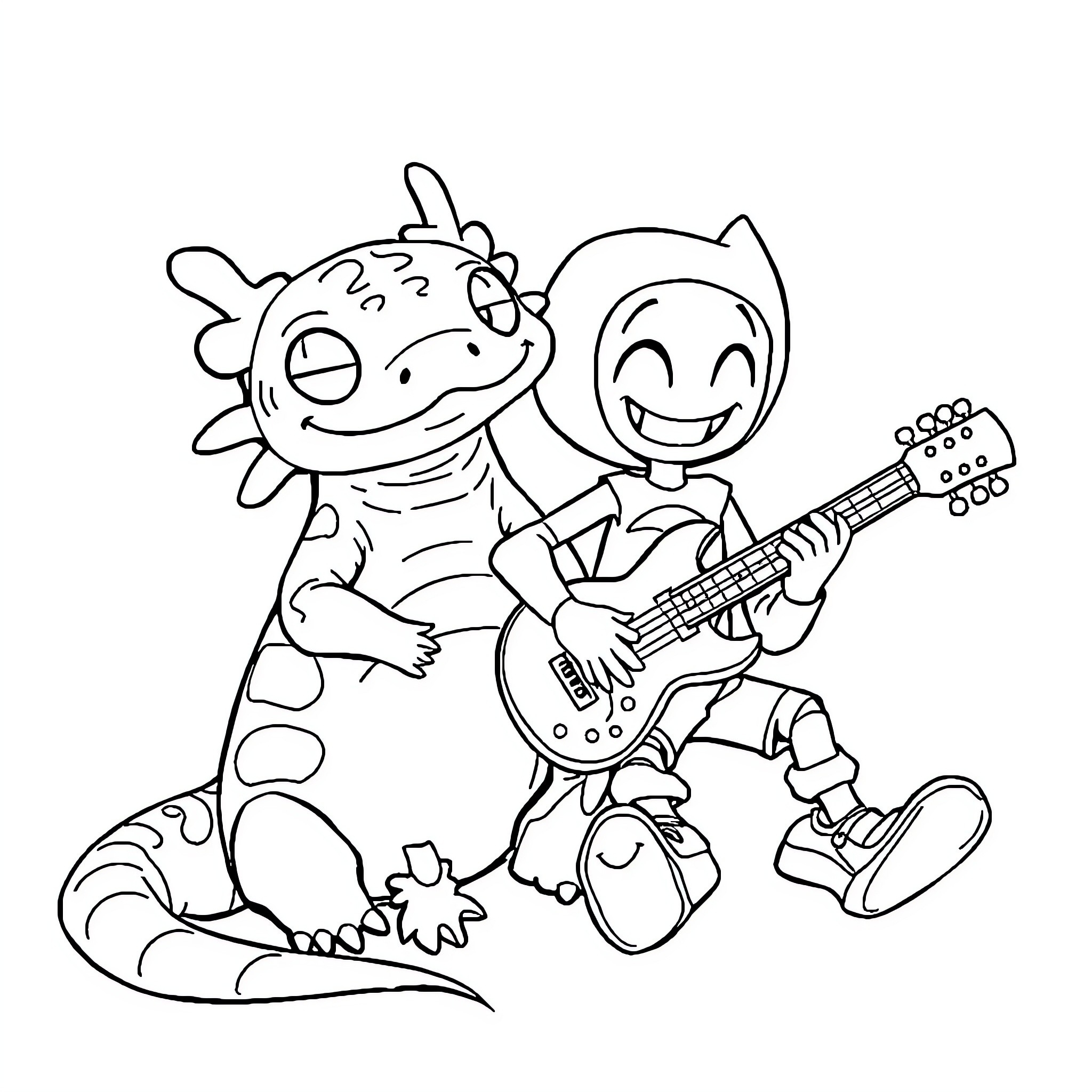 Axolotl friends playing guitar together Coloring Page (free black-and-white line drawing printable PDF for all, from beginners to advanced learners, including children, teens, adults, and seniors)