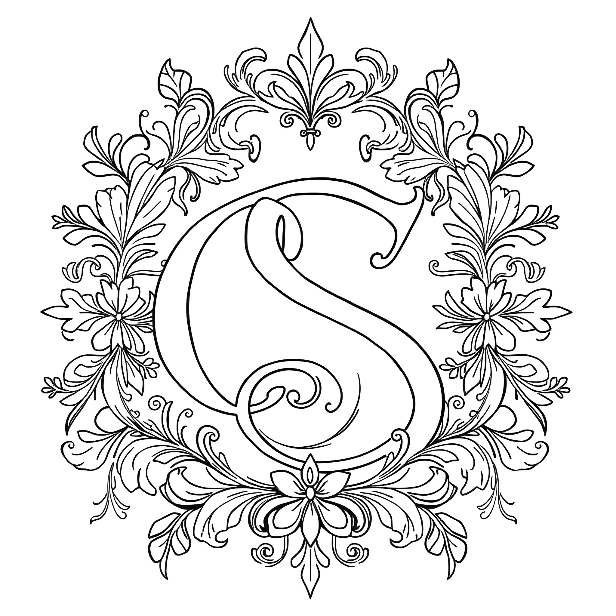 C. S. Ornate monogram with floral elements Coloring Page (free black-and-white line drawing printable PDF for all, from beginners to advanced learners, including children, teens, adults, and seniors)