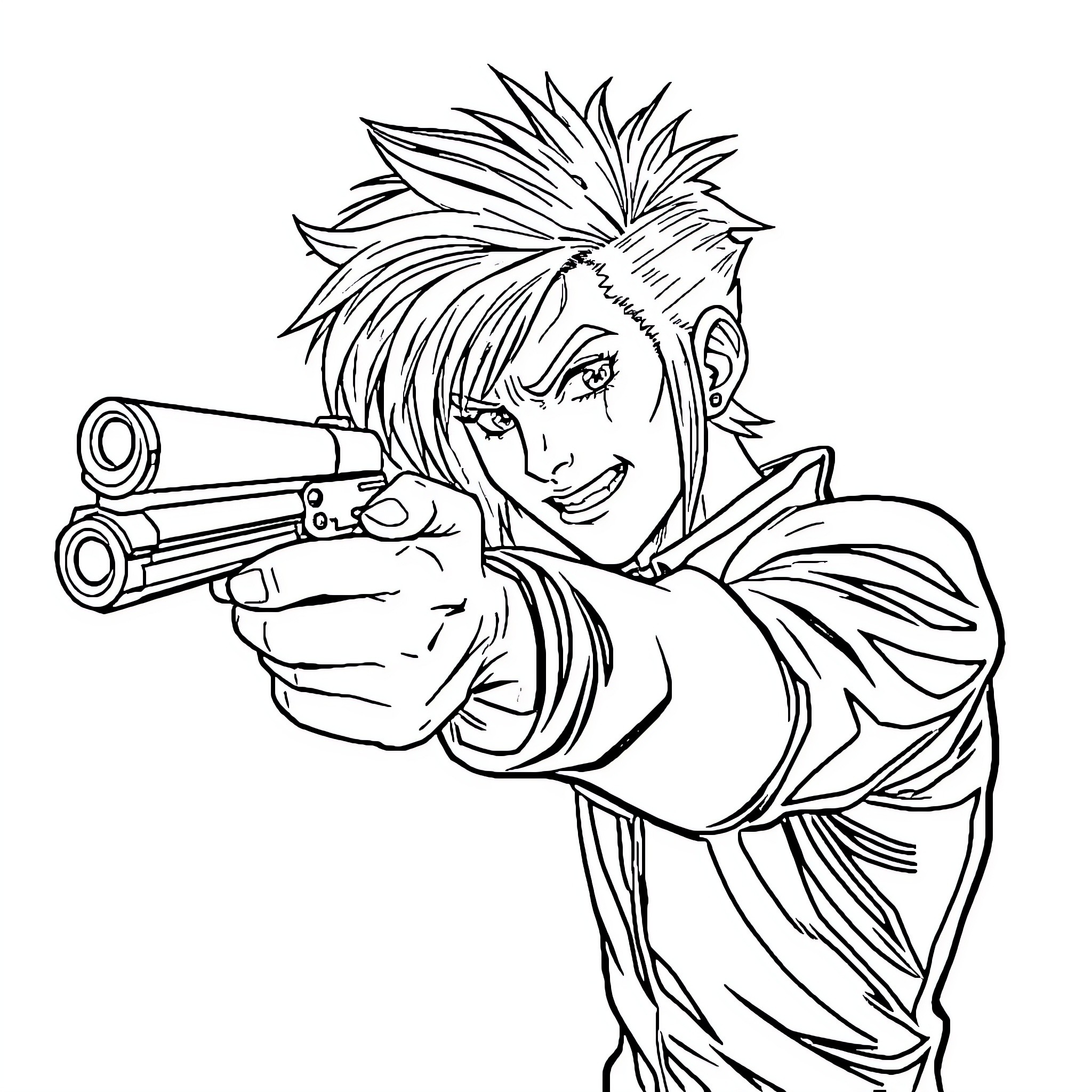 Jinx aiming gun with determined expression Coloring Page (free black-and-white line drawing printable PDF for all, from beginners to advanced learners, including children, teens, adults, and seniors)