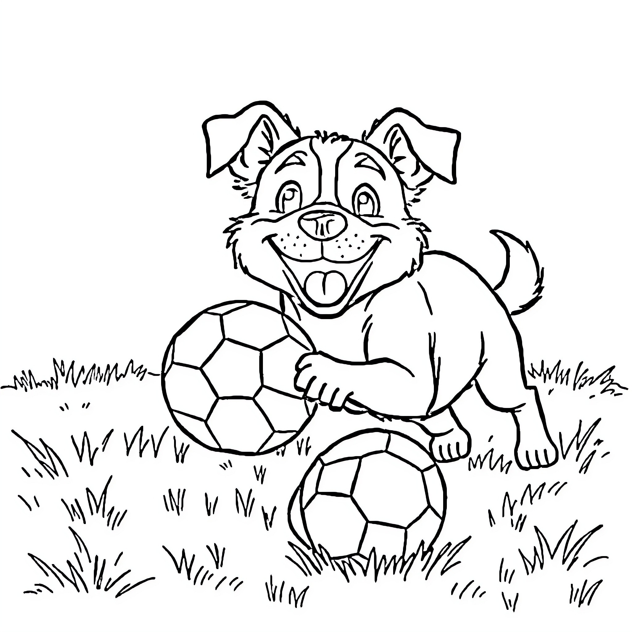 Dog playing with soccer balls in the yard Coloring Page (free black-and-white line drawing printable PDF for all, from beginners to advanced learners, including children, teens, adults, and seniors)