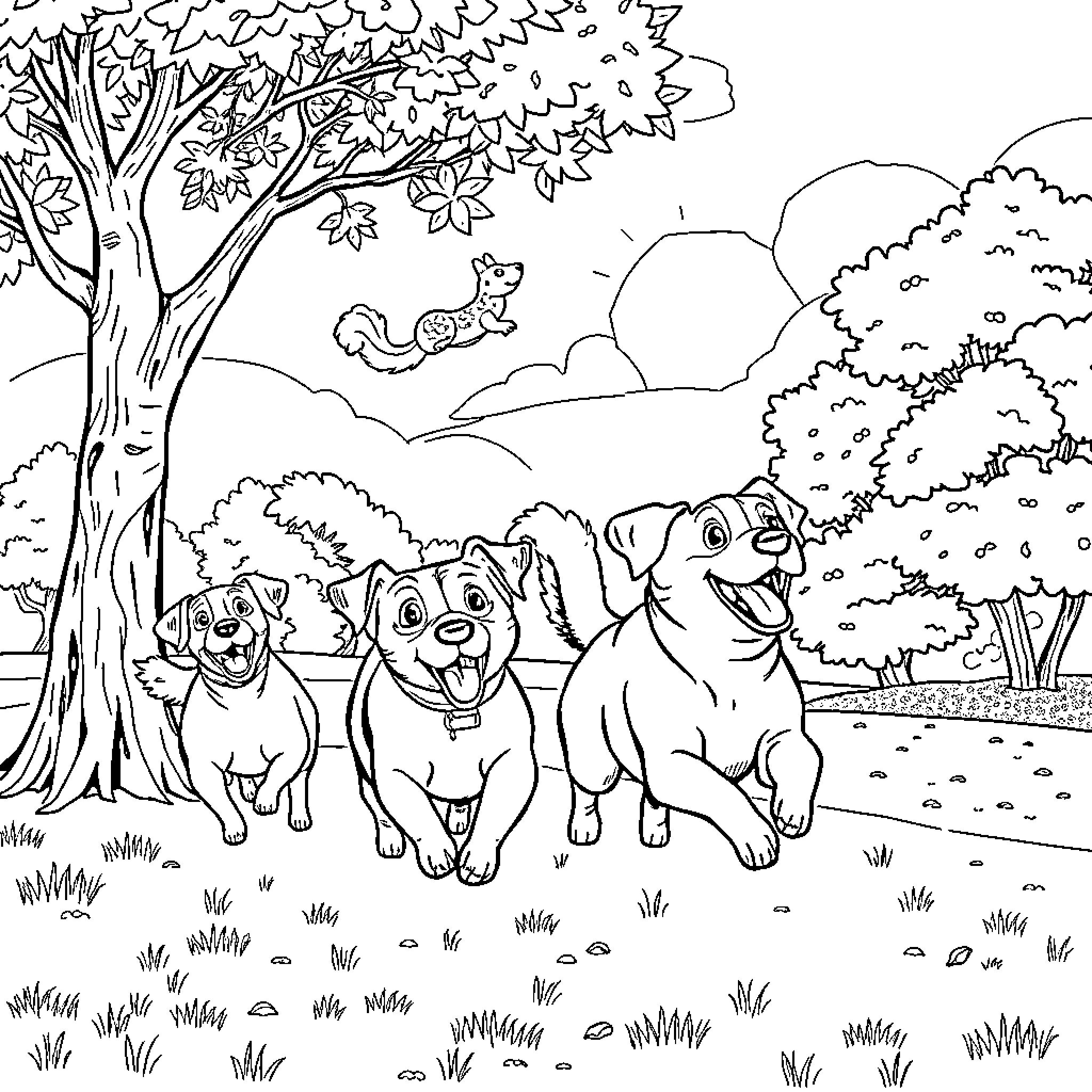 Dog Companions Enjoying Outdoor Adventure Coloring Page (free black-and-white line drawing printable PDF for all, from beginners to advanced learners, including children, teens, adults, and seniors)