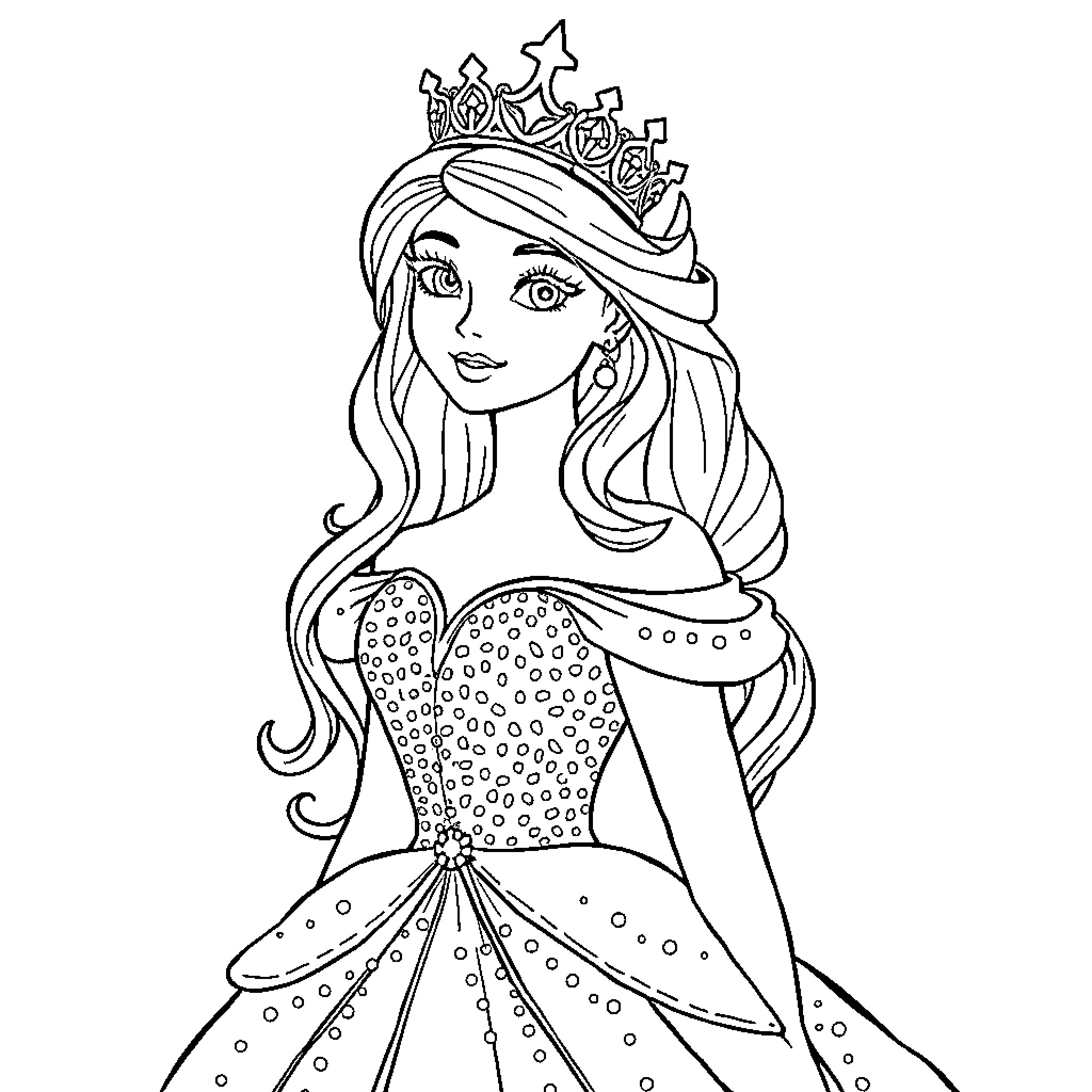 Princess in a Sparkling Gown and Tiara Coloring Page (free black-and-white line drawing printable PDF for all, from beginners to advanced learners, including children, teens, adults, and seniors)
