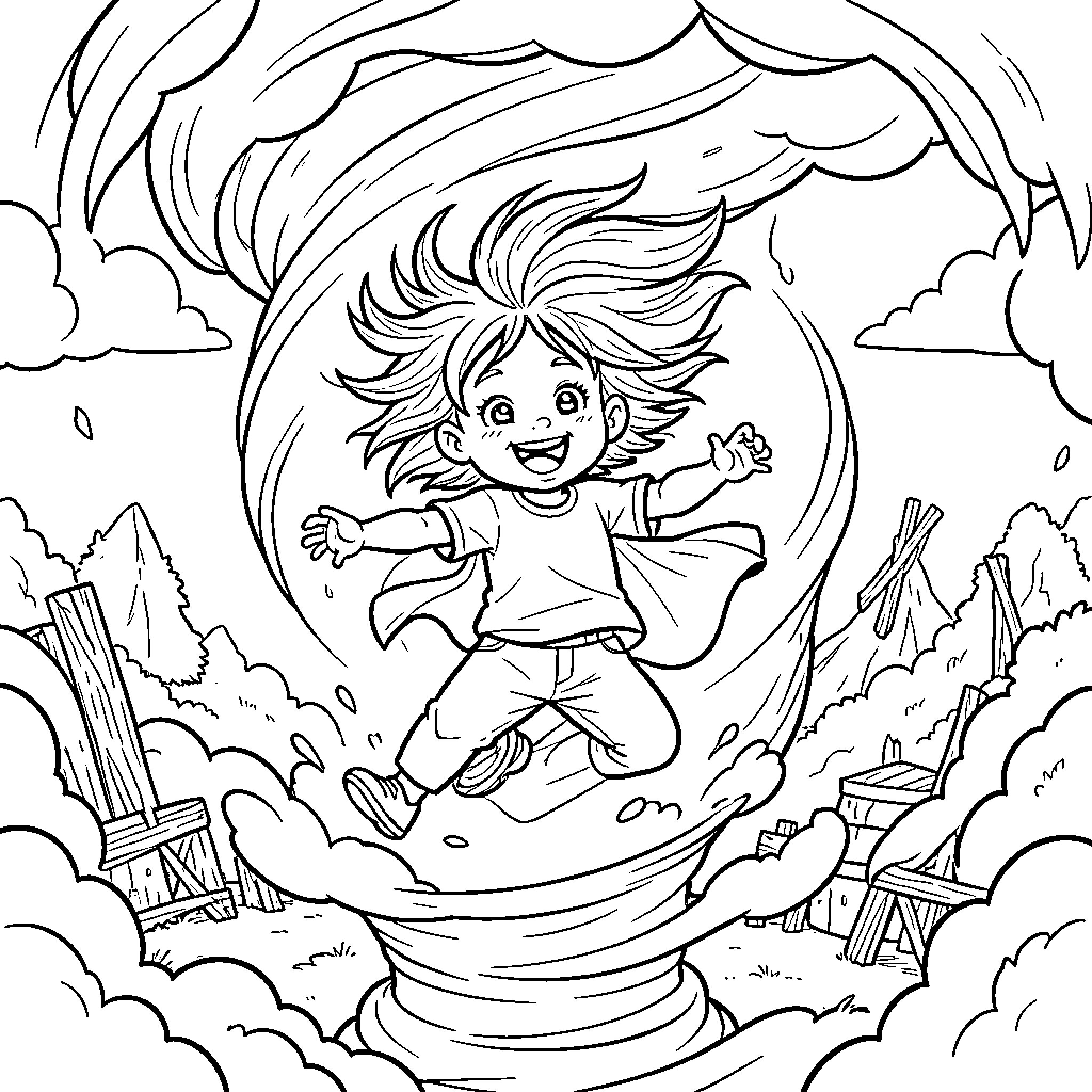 Niño enjoying a whimsical adventure Coloring Page (free black-and-white line drawing printable PDF for all, from beginners to advanced learners, including children, teens, adults, and seniors)
