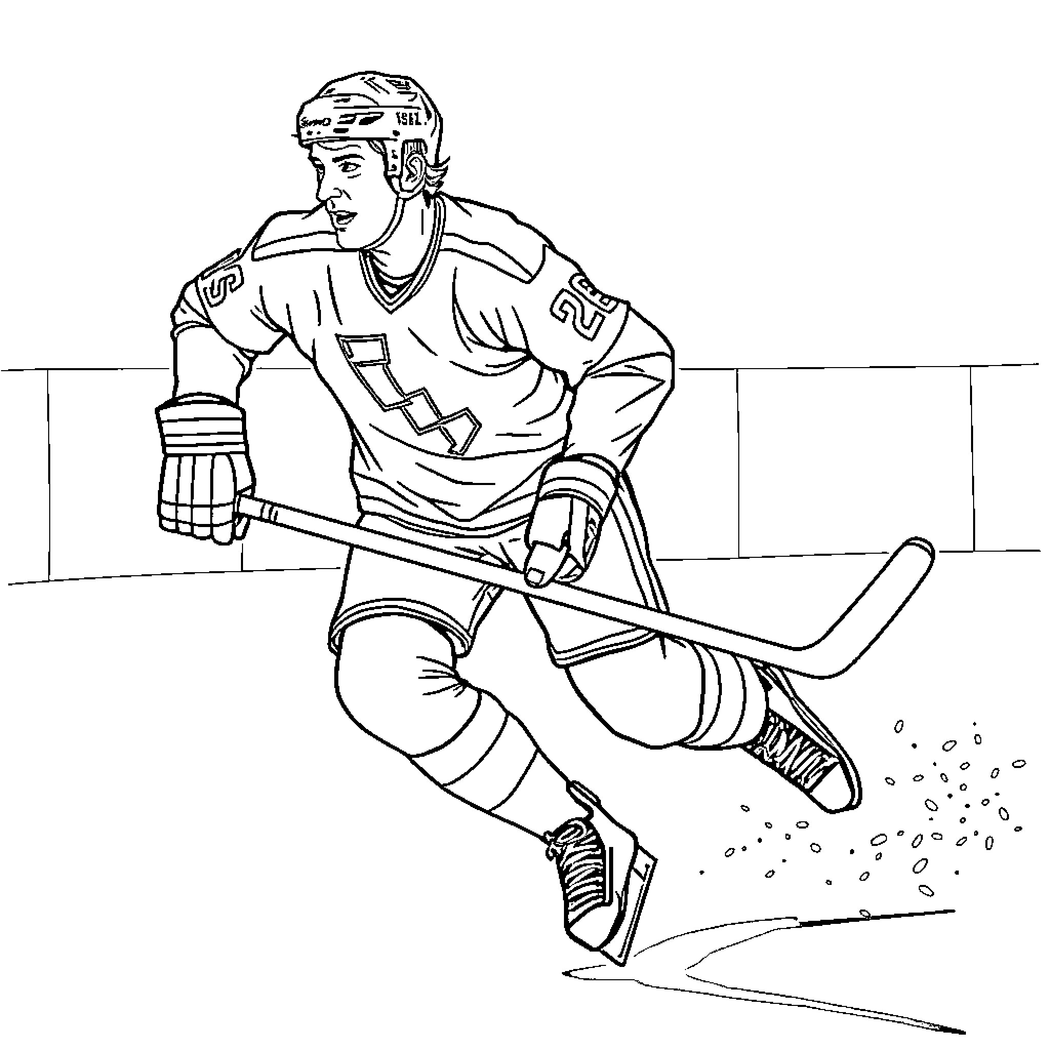 Wayne Gretzky playing ice hockey on the rink Coloring Page (free black-and-white line drawing printable PDF for all, from beginners to advanced learners, including children, teens, adults, and seniors)